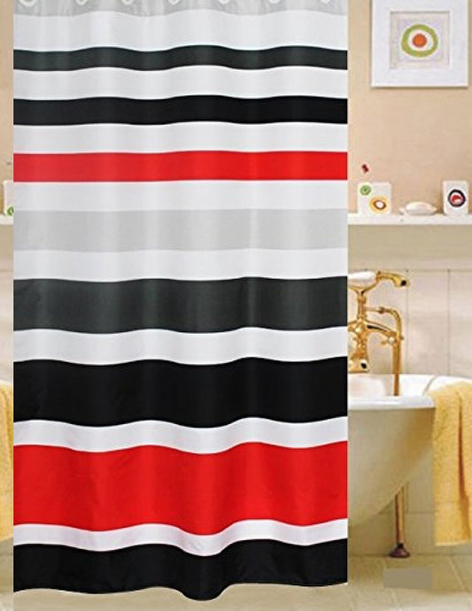 Fabric Shower Curtain, Multi-Color Striped Black Red, 71x71 inches