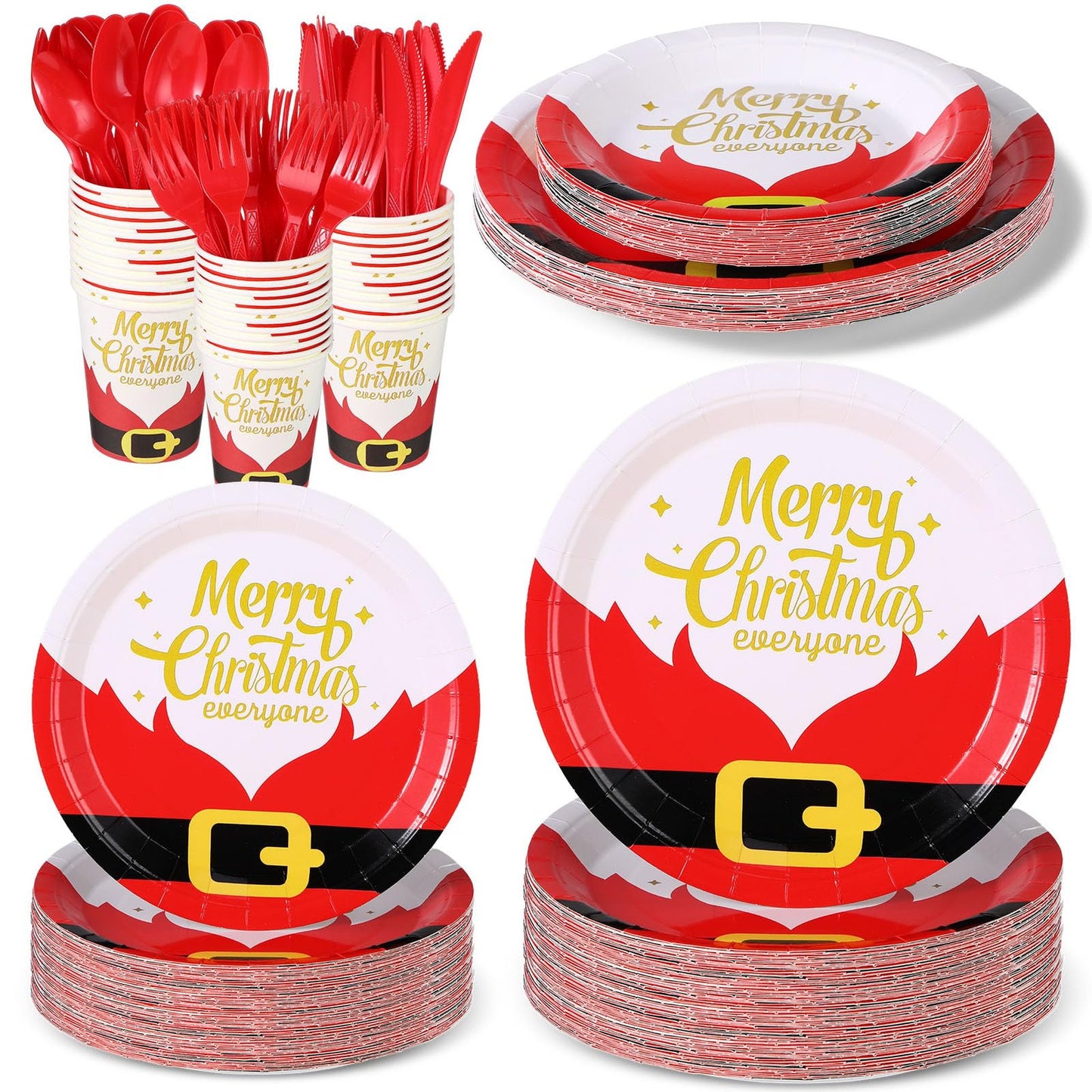 Festive Party Pack: 144-Piece Disposable Dinnerware Set with Plates, Cups, Cutlery, and Belt Tree Tableware for Holiday and New Year Celebrations