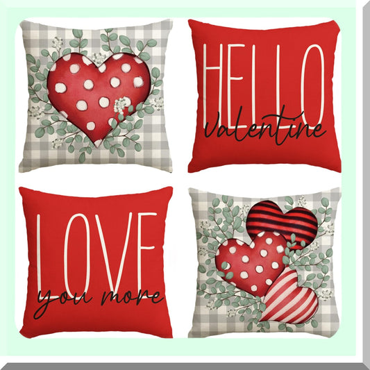 Eucalyptus Love Hearts Plaid Pillow Covers - Set of 4