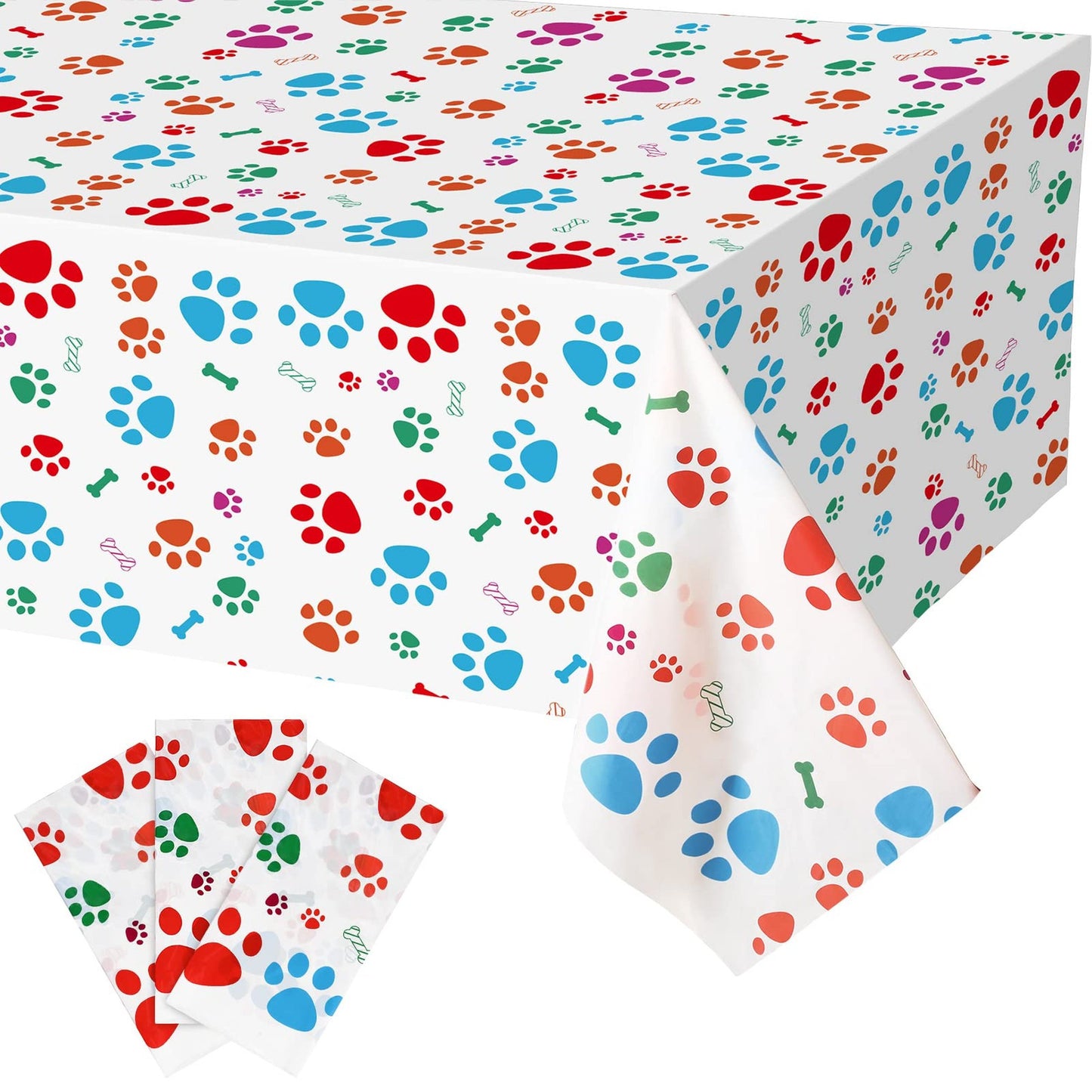 Paw Print Party Pack - Dog Paw Plastic Tablecloth Set for Dog Birthday Baby Shower, Multicolor Dog Decorations and Supplies, 3 Pieces