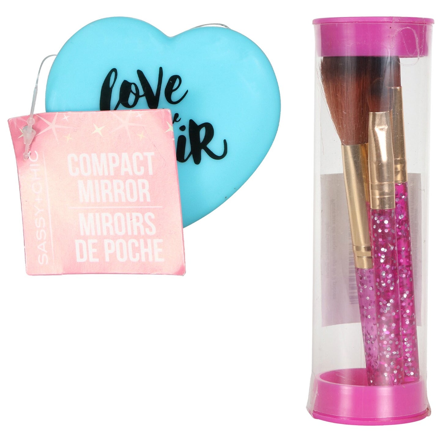 Cosmetic Brushes & Heart-Shaped Compact Mirrors (Pack of 42)