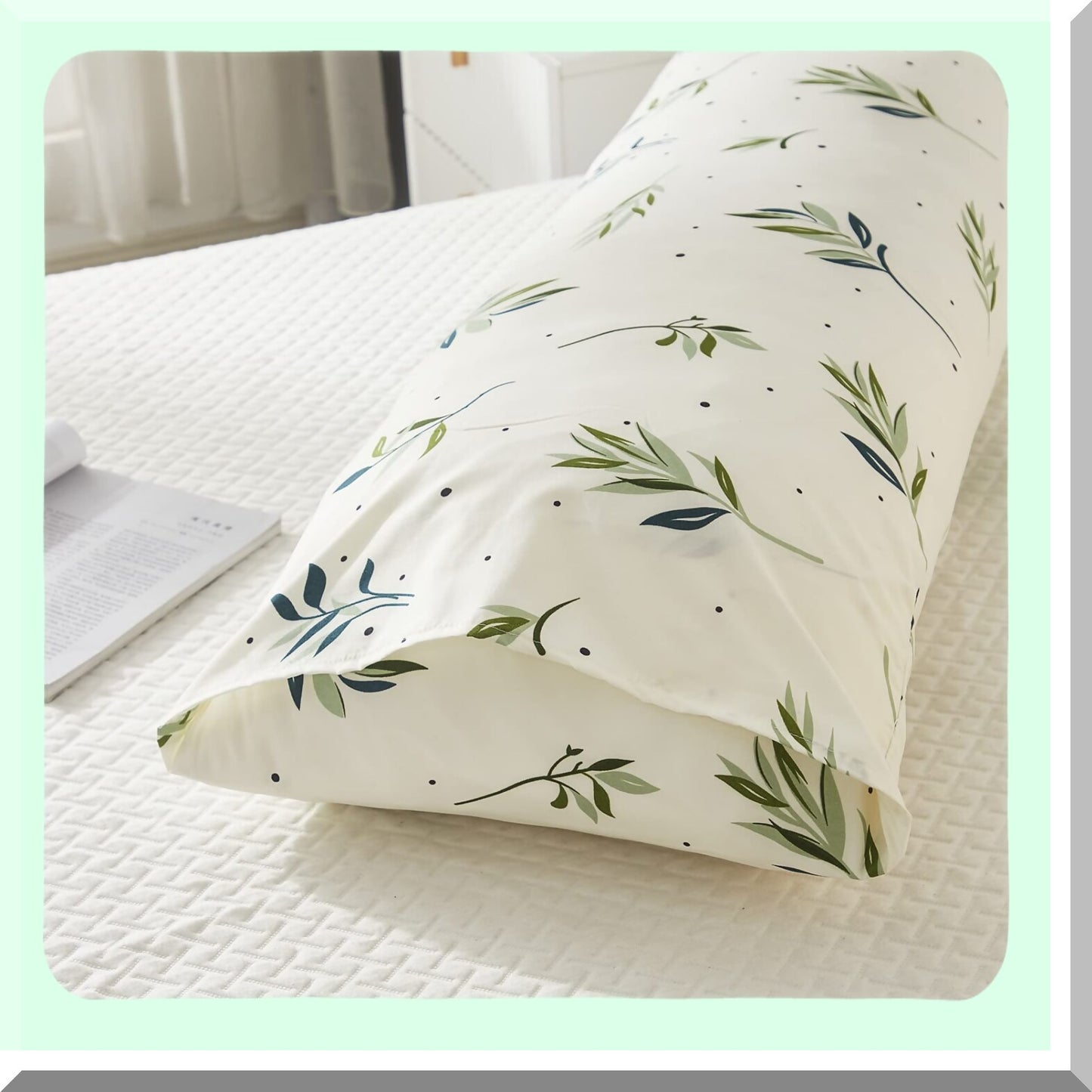 Boho Chic Green Leaves Dots Body Pillow Cover - 20x54 Cream Decor Case, Soft & Cozy Green Body Pillowcase for Home Bedroom, Cute Design