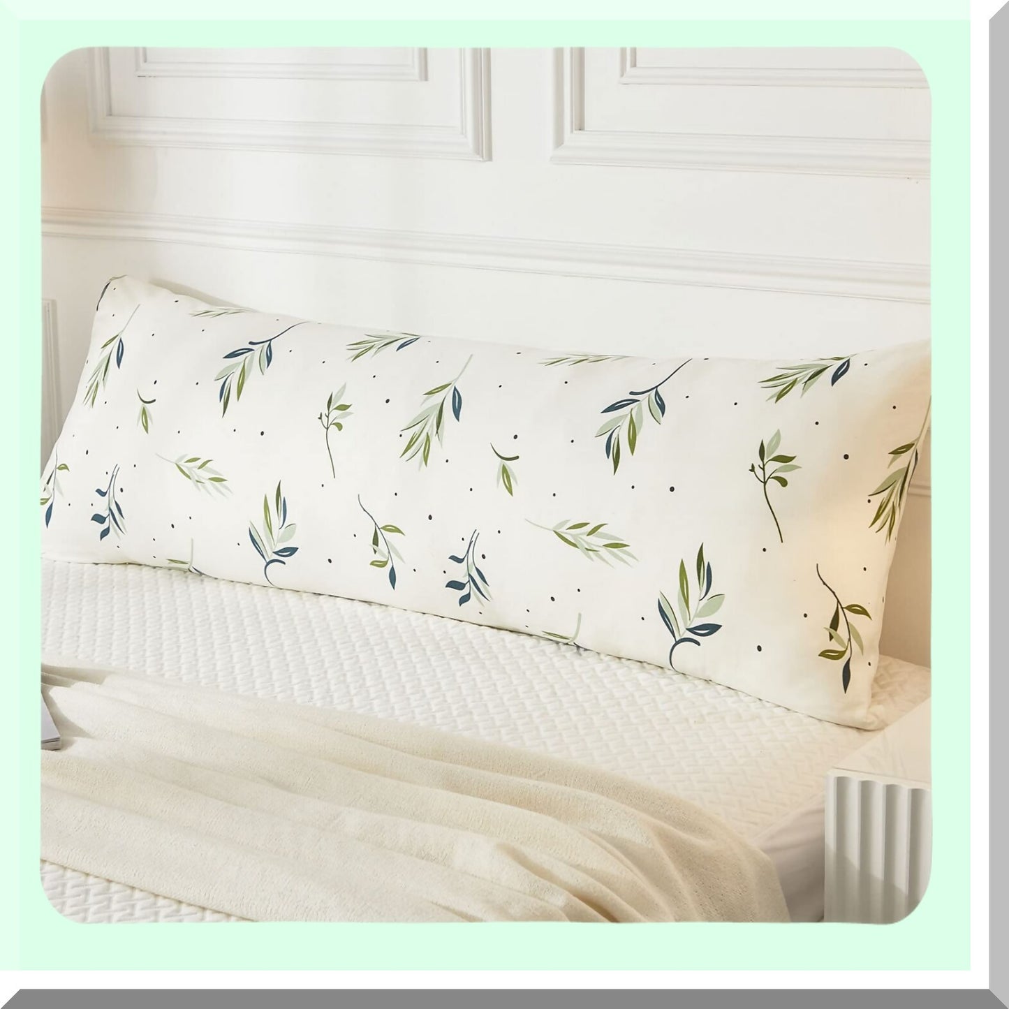 Boho Chic Green Leaves Dots Body Pillow Cover - 20x54 Cream Decor Case, Soft & Cozy Green Body Pillowcase for Home Bedroom, Cute Design