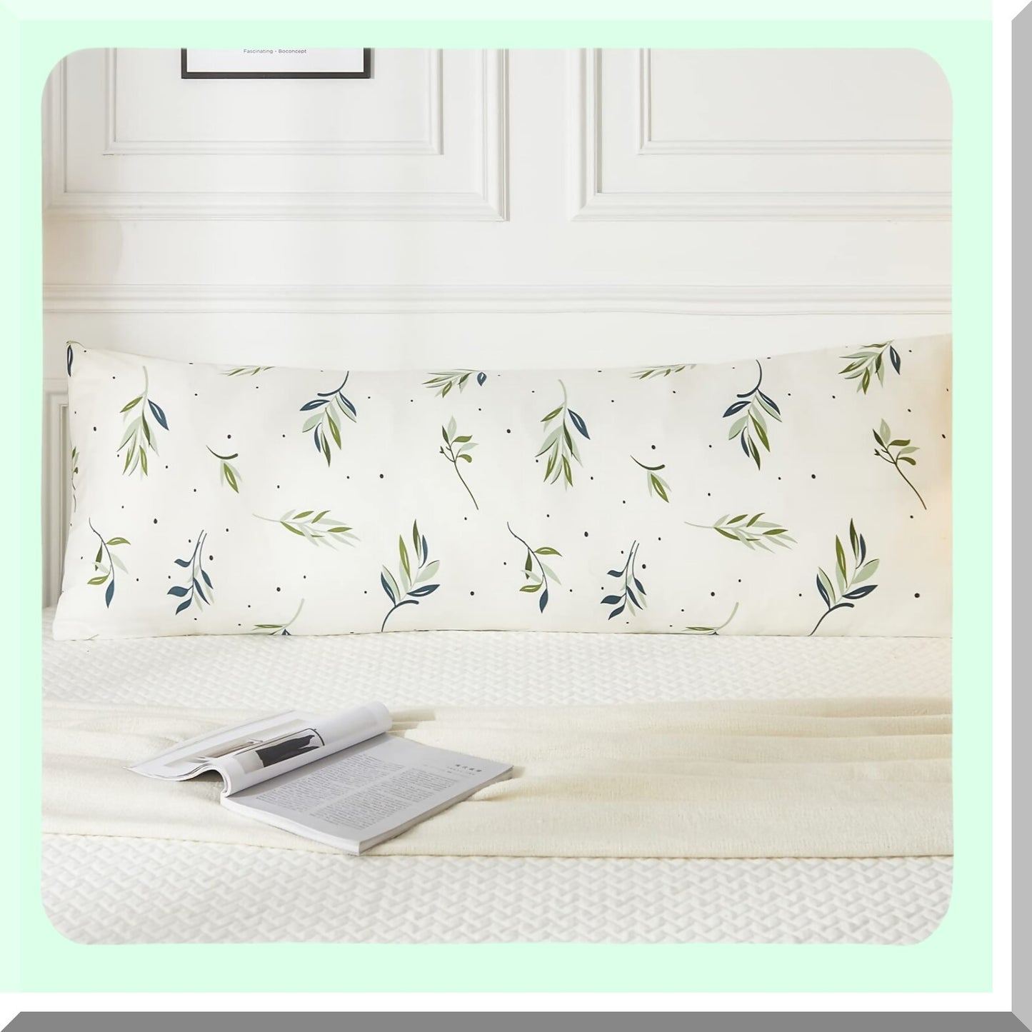 Boho Chic Green Leaves Dots Body Pillow Cover - 20x54 Cream Decor Case, Soft & Cozy Green Body Pillowcase for Home Bedroom, Cute Design