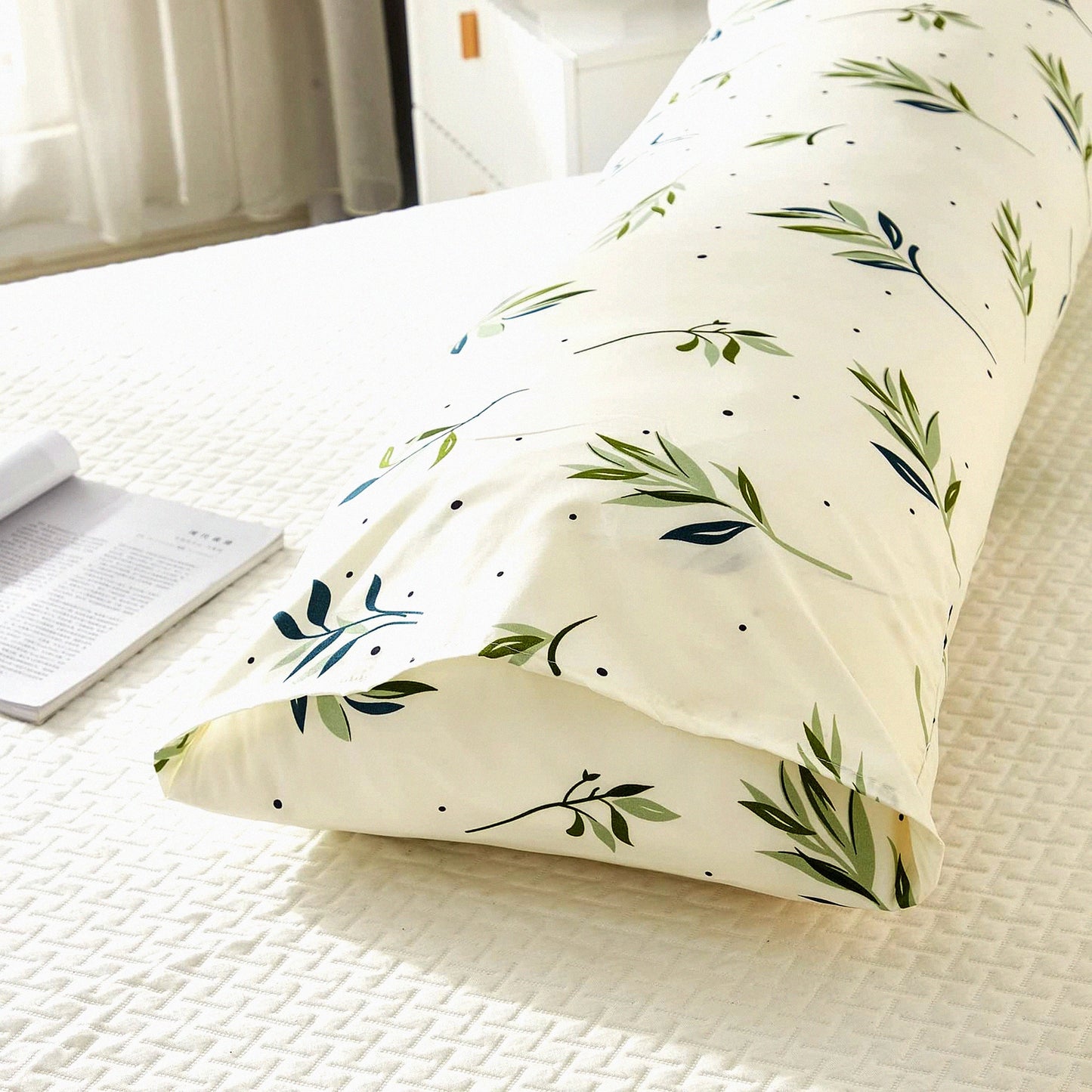 Boho Chic Green Leaves Dots Body Pillow Cover - 20x54 Cream Decor Case, Soft & Cozy Green Body Pillowcase for Home Bedroom, Cute Design