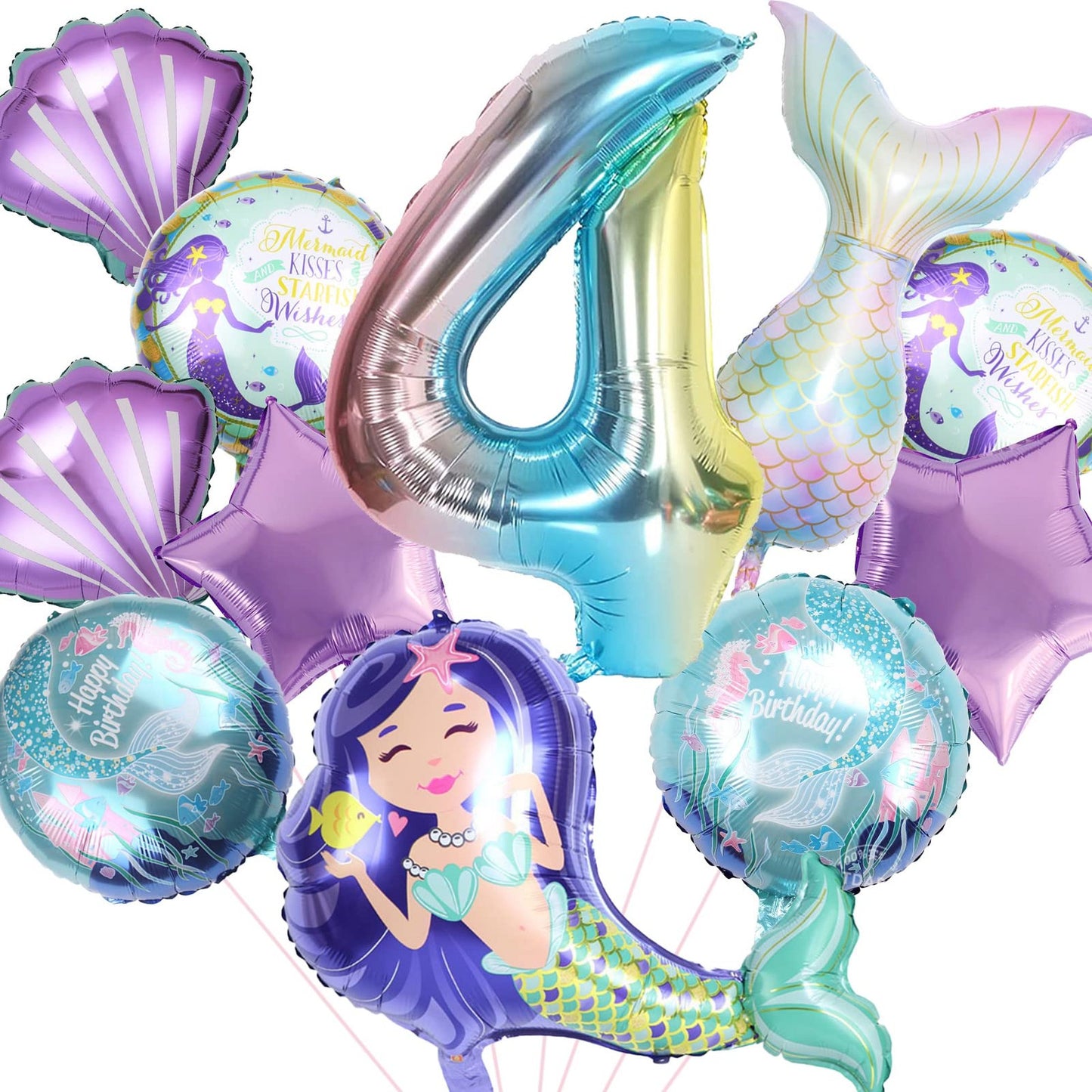 Mermaid Magic 4th Birthday Party Pack - Mermaid Tail Balloon, Number 4 F Balloons, Shell Decorations, Under The Sea Party Supplies for Little Mermaid Theme