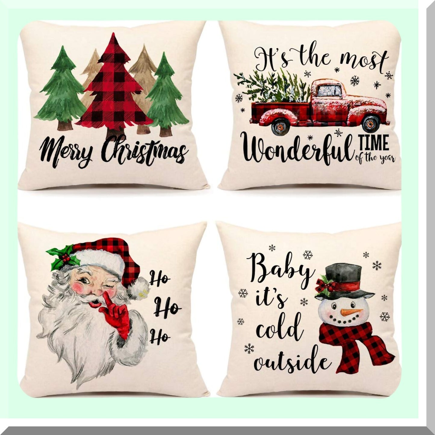 Winter Wonderland Plaid Pillow Covers - Set of 4 Festive Farmhouse Decor Cushion Cases for Home Couch - Red Black Holiday Throw Pillowcases(Tree, Rustic Truck, Claus, Snowman)