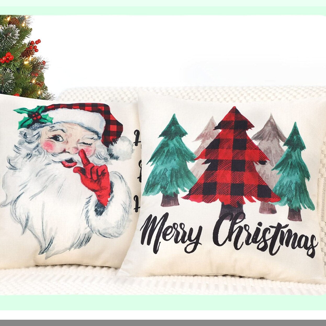 Winter Wonderland Plaid Pillow Covers - Set of 4 Festive Farmhouse Decor Cushion Cases for Home Couch - Red Black Holiday Throw Pillowcases(Tree, Rustic Truck, Claus, Snowman)