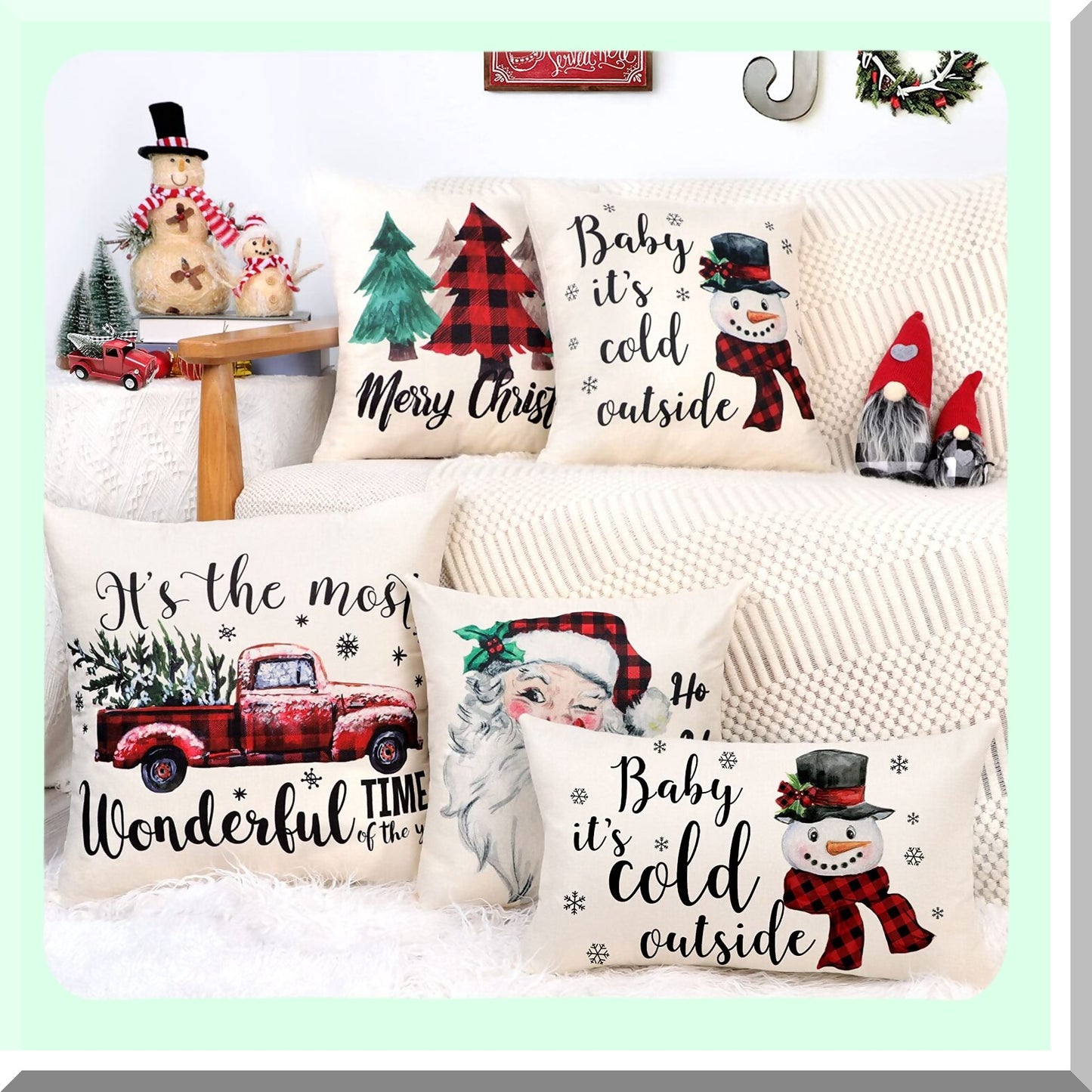 Winter Wonderland Plaid Pillow Covers - Set of 4 Festive Farmhouse Decor Cushion Cases for Home Couch - Red Black Holiday Throw Pillowcases(Tree, Rustic Truck, Claus, Snowman)