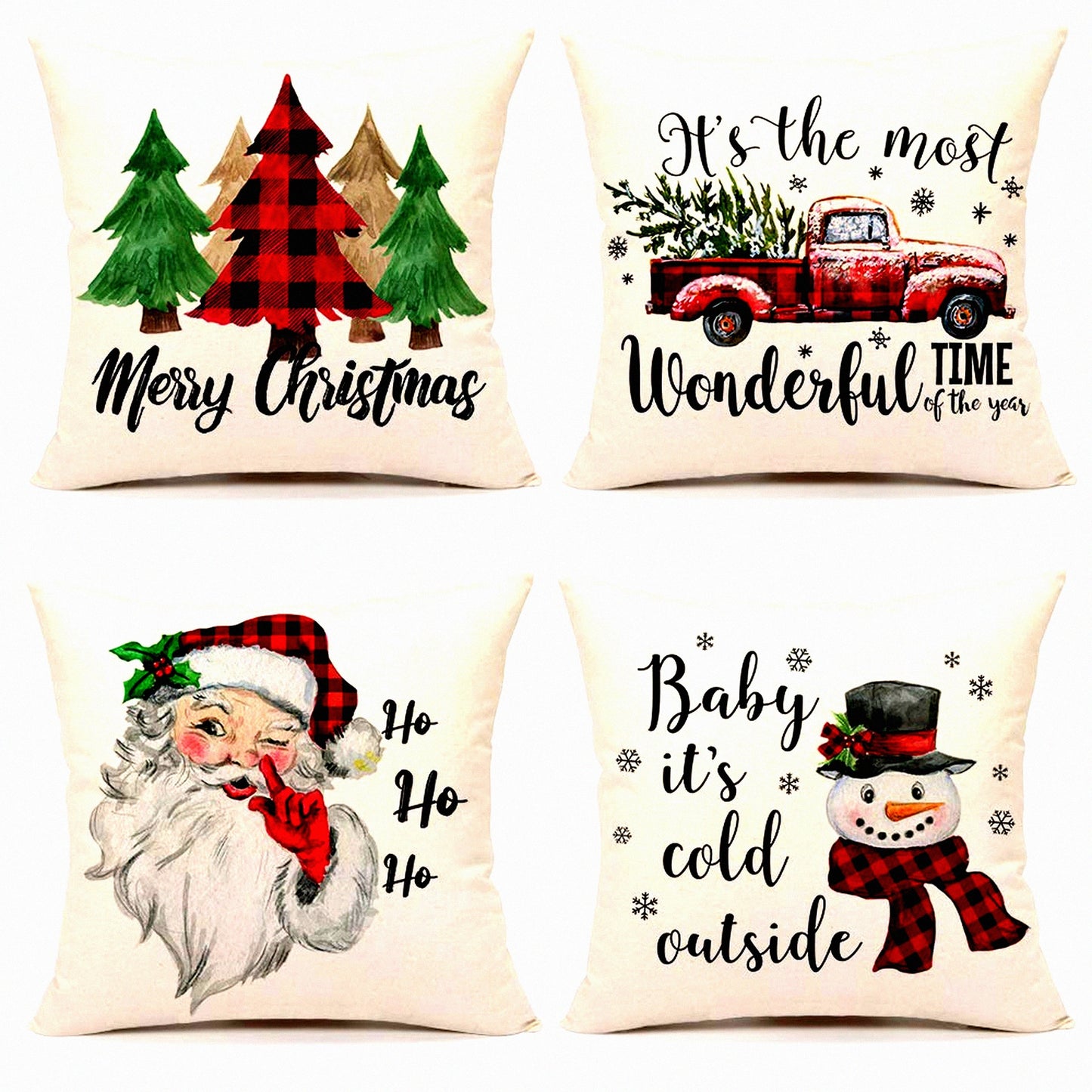 Winter Wonderland Plaid Pillow Covers - Set of 4 Festive Farmhouse Decor Cushion Cases for Home Couch - Red Black Holiday Throw Pillowcases(Tree, Rustic Truck, Claus, Snowman)