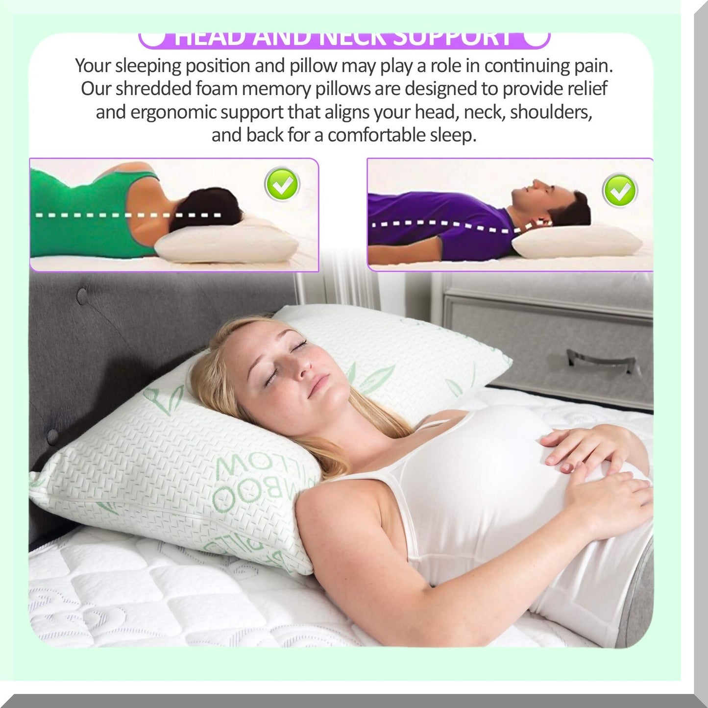 BambooCool Memory Foam Pillow - Queen Size Shredded Foam Bed Pillow Set for Back, Stomach, Side Sleepers - Adjustable Firmness with Removable Cover