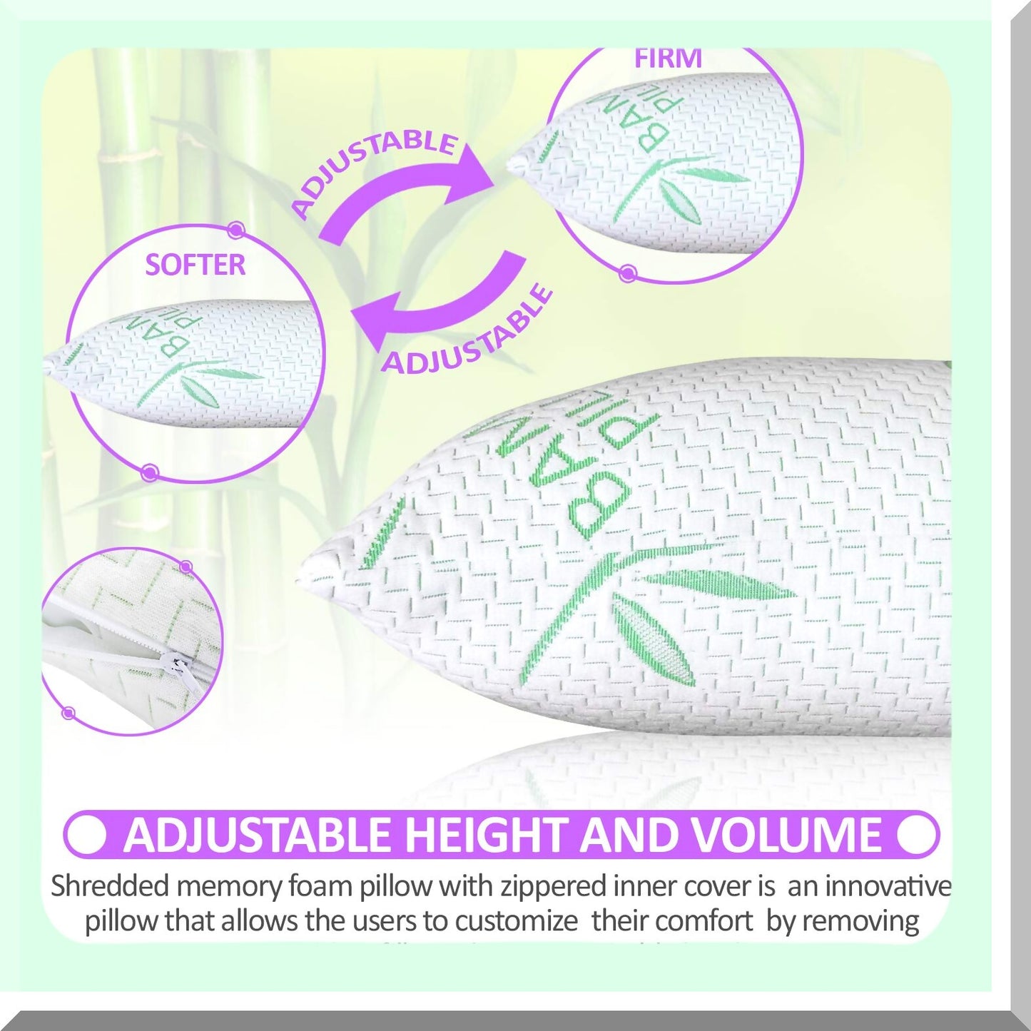 BambooCool Memory Foam Pillow - Queen Size Shredded Foam Bed Pillow Set for Back, Stomach, Side Sleepers - Adjustable Firmness with Removable Cover