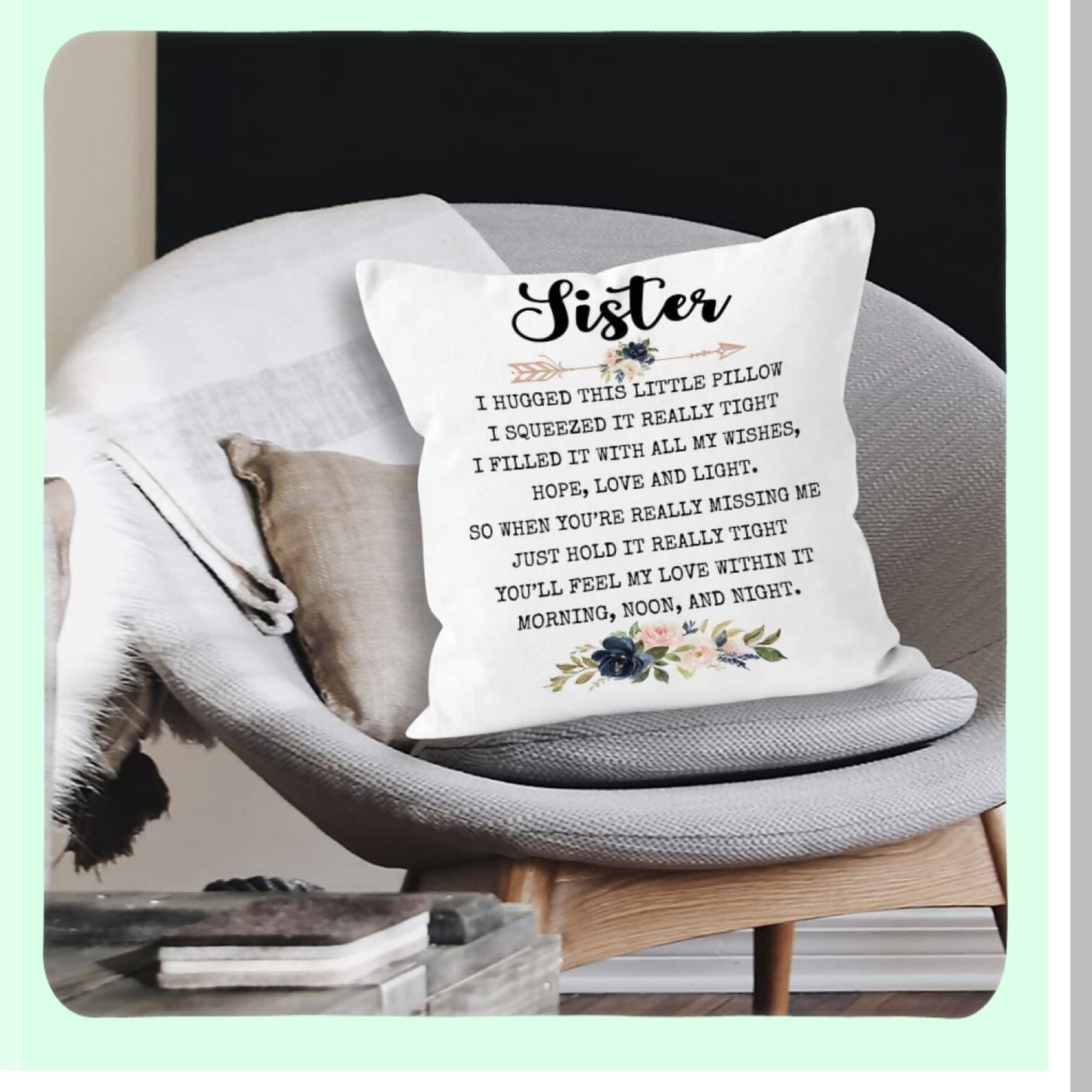 Floral Sister Hug Pillow Cover - Birthday Thank You Gift - Cushion Case for Sofa Bed - Home Decor 18x18 Inch - Little Sister Love Theme
