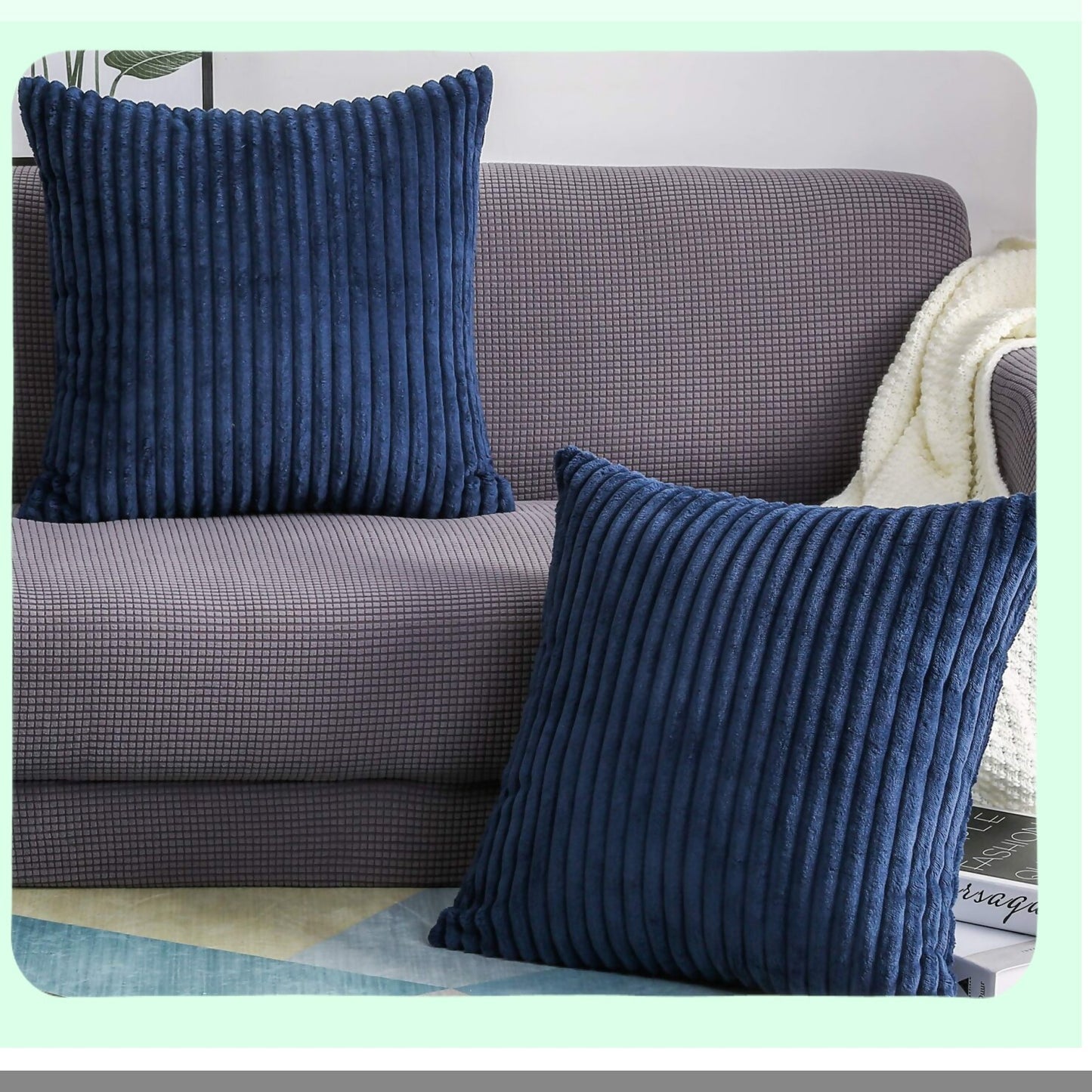 Luxury Velvet Stripe Pillow Covers - Set of 2 Soft Plush Corduroy Square Decorative Throw Pillow Cases, 20x20 Inches, Navy Blue - Pack of 2
