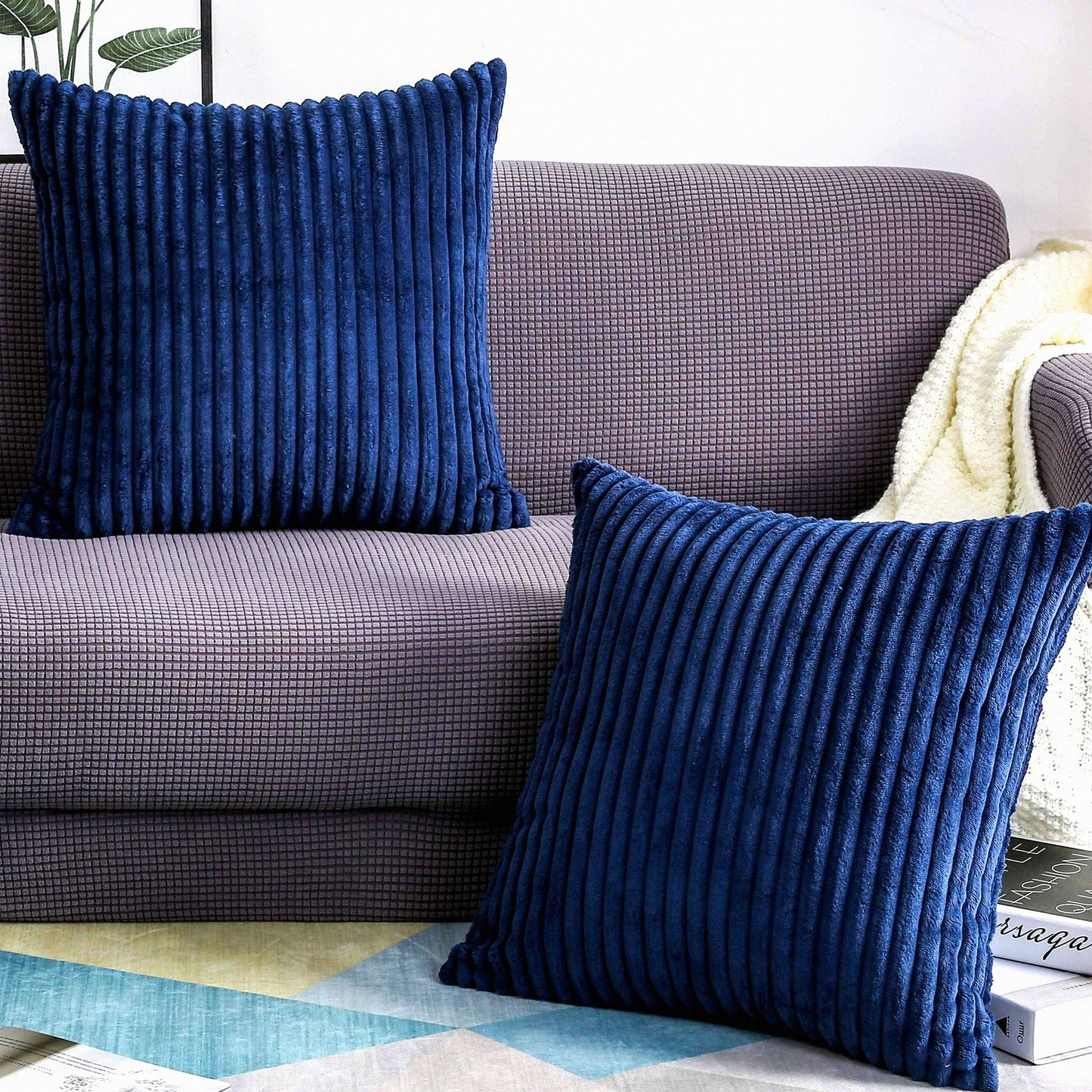 Luxury Velvet Stripe Pillow Covers - Set of 2 Soft Plush Corduroy Square Decorative Throw Pillow Cases, 20x20 Inches, Navy Blue - Pack of 2