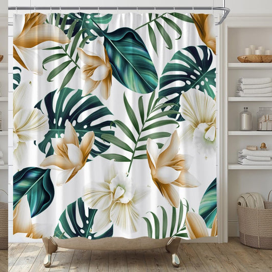 Tropical Flower Shower Curtain 70x70 inches Green Beige