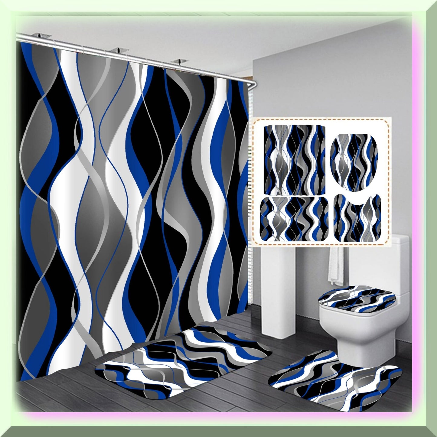 4 Pcs Blue and Black Striped Bathroom Shower Curtain Set
