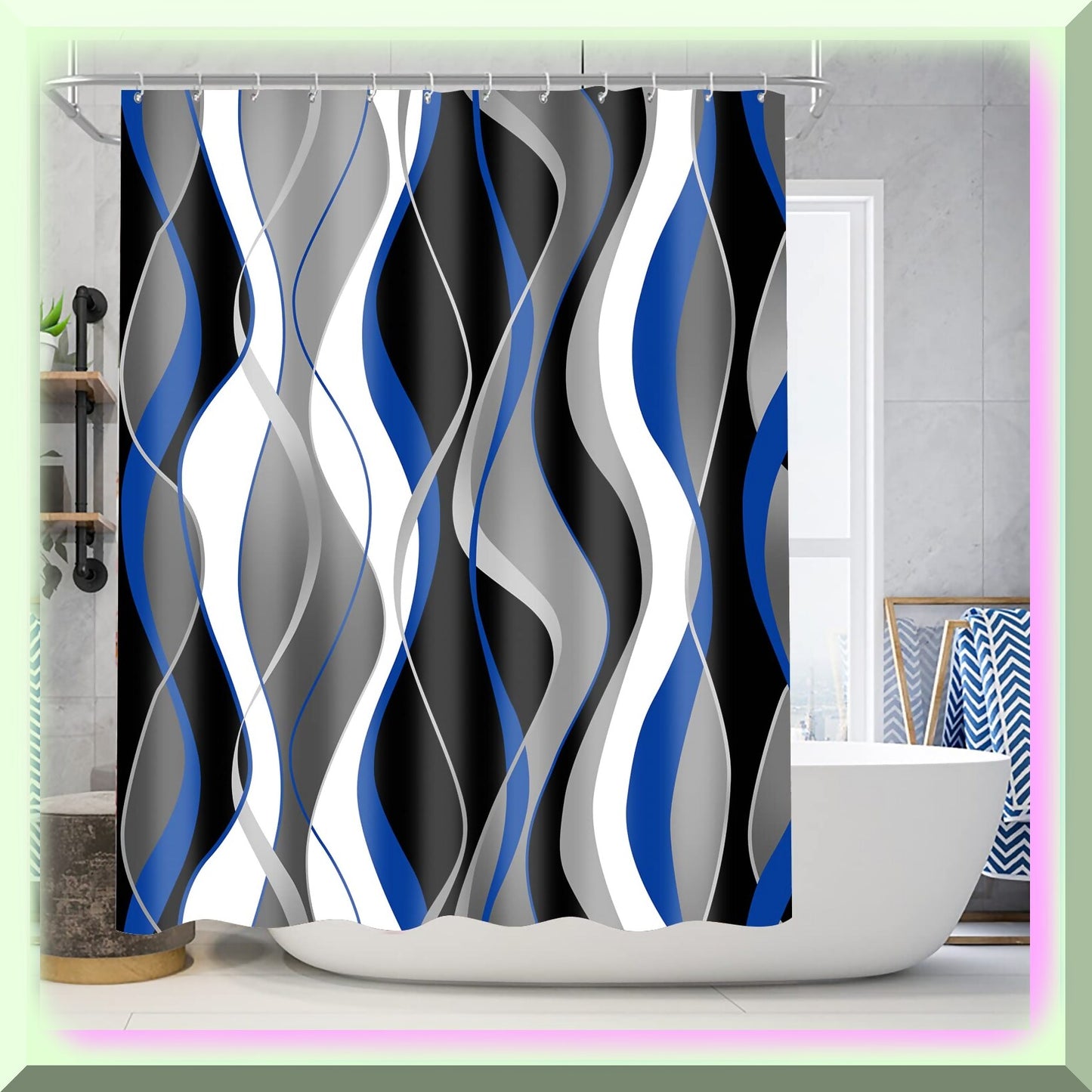 4 Pcs Blue and Black Striped Bathroom Shower Curtain Set