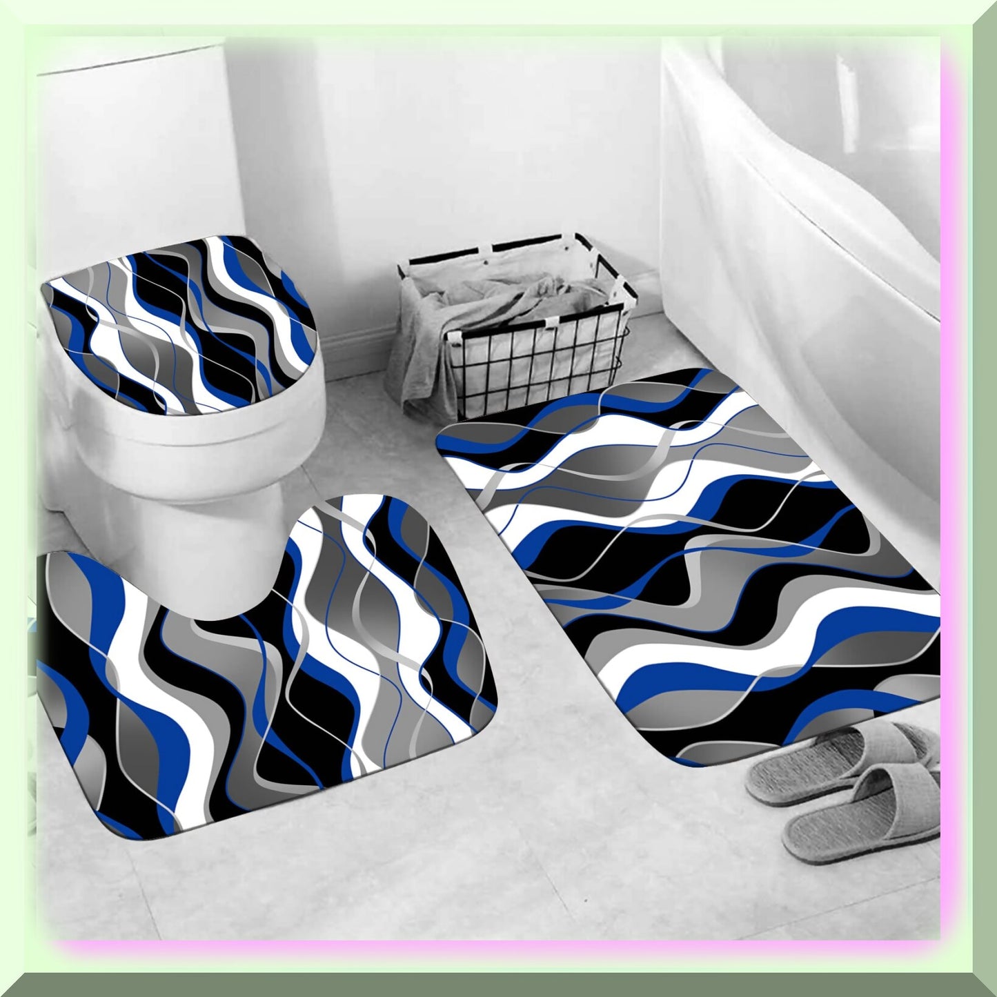 4 Pcs Blue and Black Striped Bathroom Shower Curtain Set