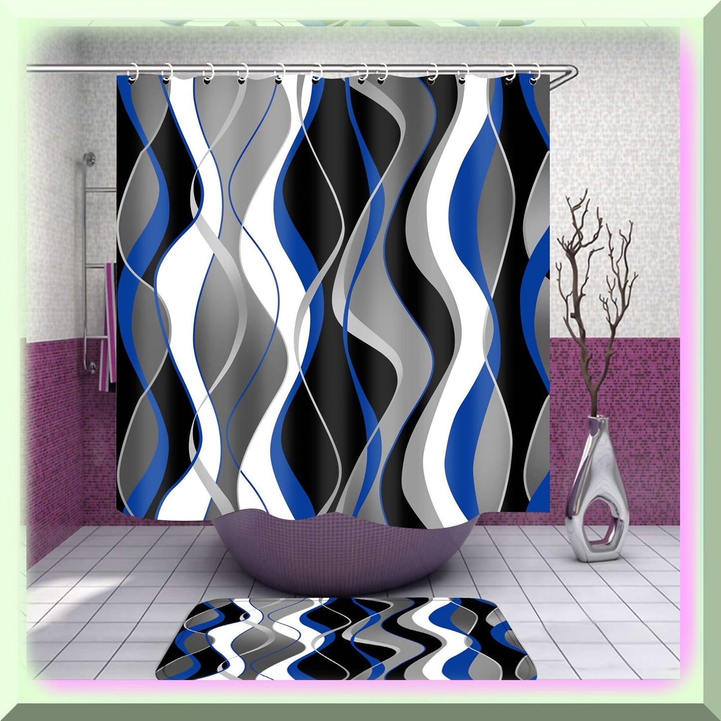 4 Pcs Blue and Black Striped Bathroom Shower Curtain Set