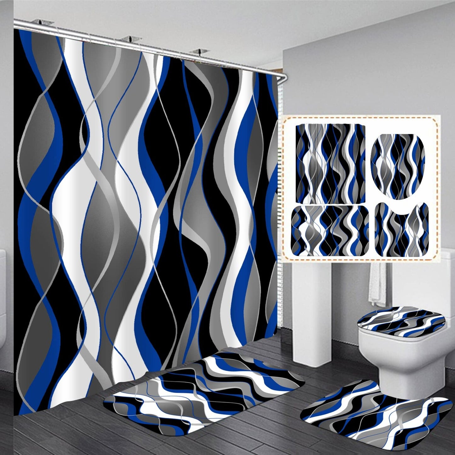 4 Pcs Blue and Black Striped Bathroom Shower Curtain Set
