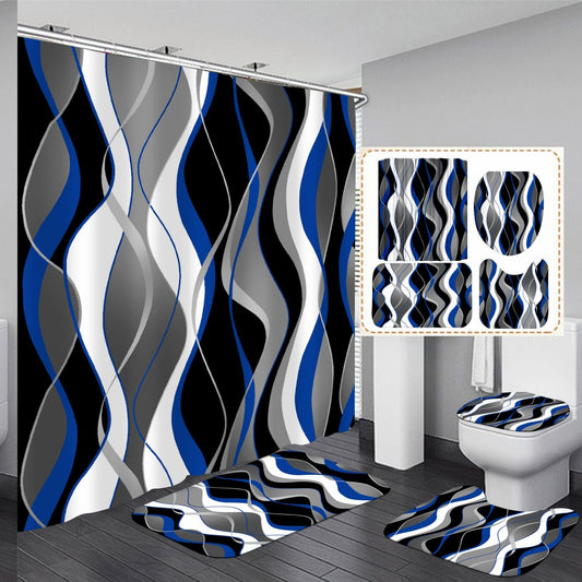 4 Pcs Blue and Black Striped Bathroom Shower Curtain Set