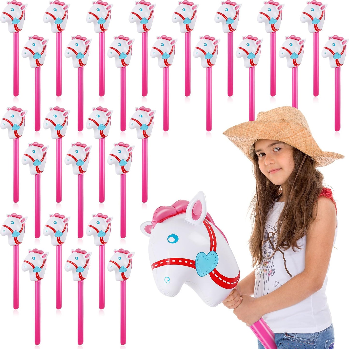 Stick Horse Party Pack - 30 Inflatable Horse Sticks for Cowgirl Cowboy Western Themed Birthday Baby Shower Decorations - Pink 37 Inch Balloons