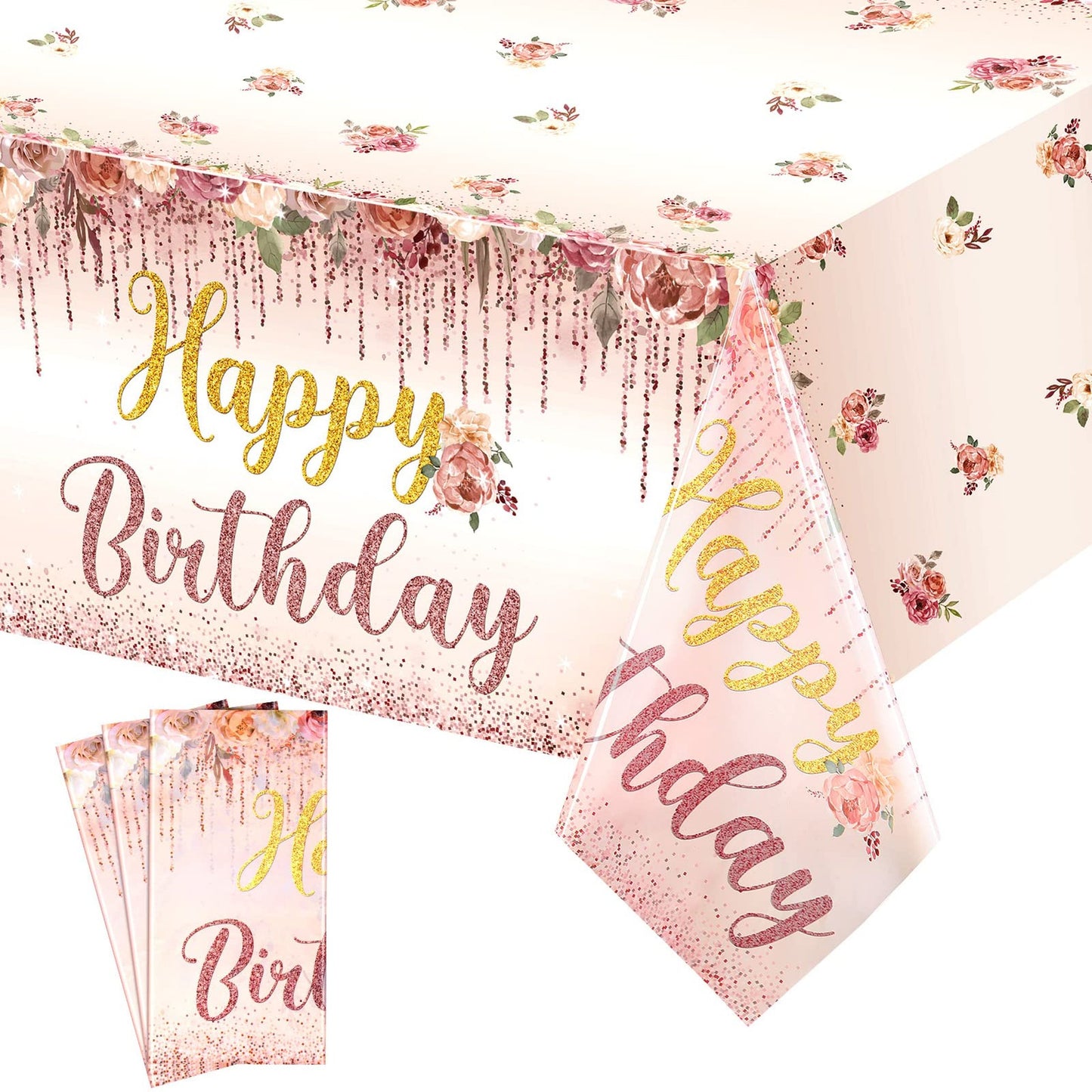 Happy Birthday Rose Gold Floral Tablecloth Set - Pink Disposable Plastic Table Cover for Girls Kids Baby Shower Party Decor - 3 Piece Birthday Tablecloths