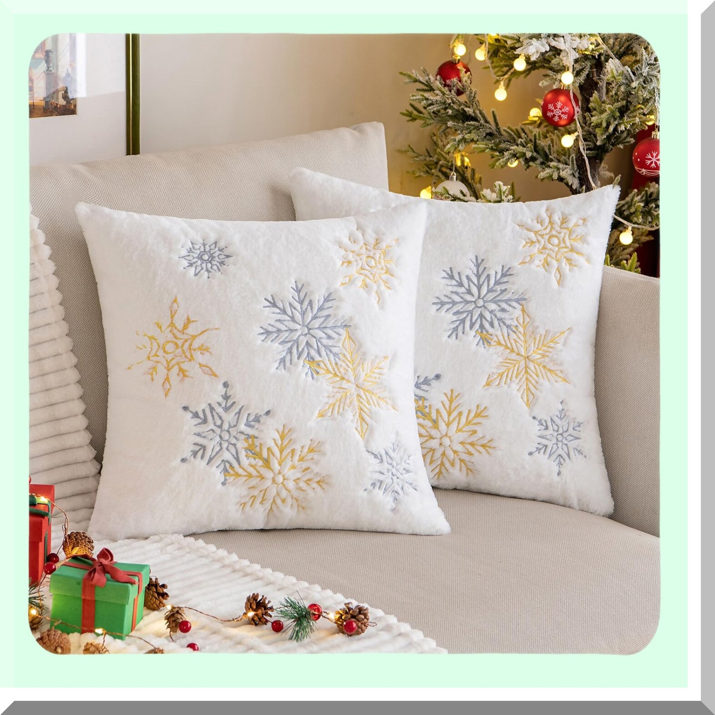 Snowflake Embroidered Pillowcase Set - Holiday Decorative Throw Pillow Covers for Couch Sofa Bedroom - Soft Yellow Pillow Cases - 20 x 20 Inch