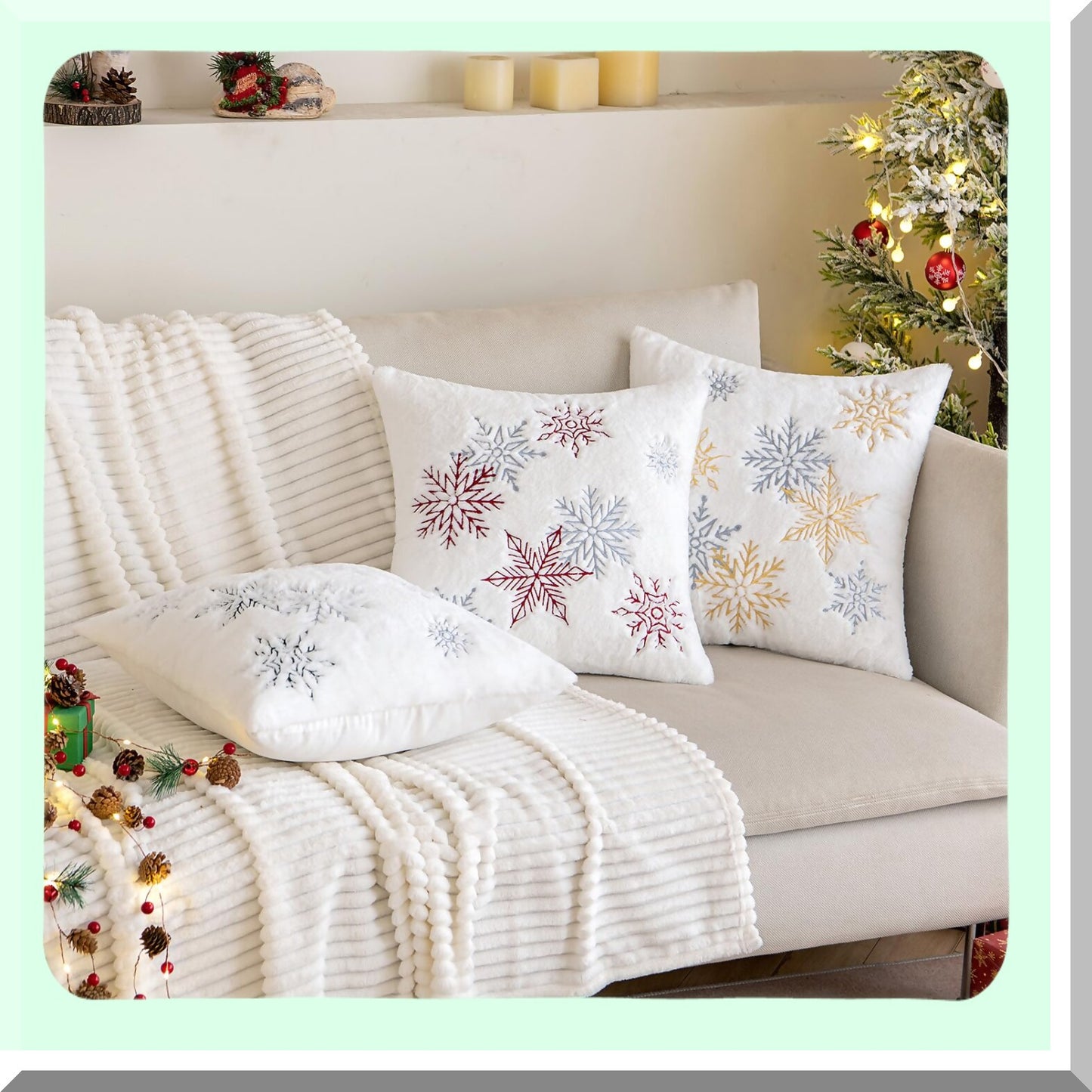 Snowflake Embroidered Pillowcase Set - Holiday Decorative Throw Pillow Covers for Couch Sofa Bedroom - Soft Yellow Pillow Cases - 20 x 20 Inch