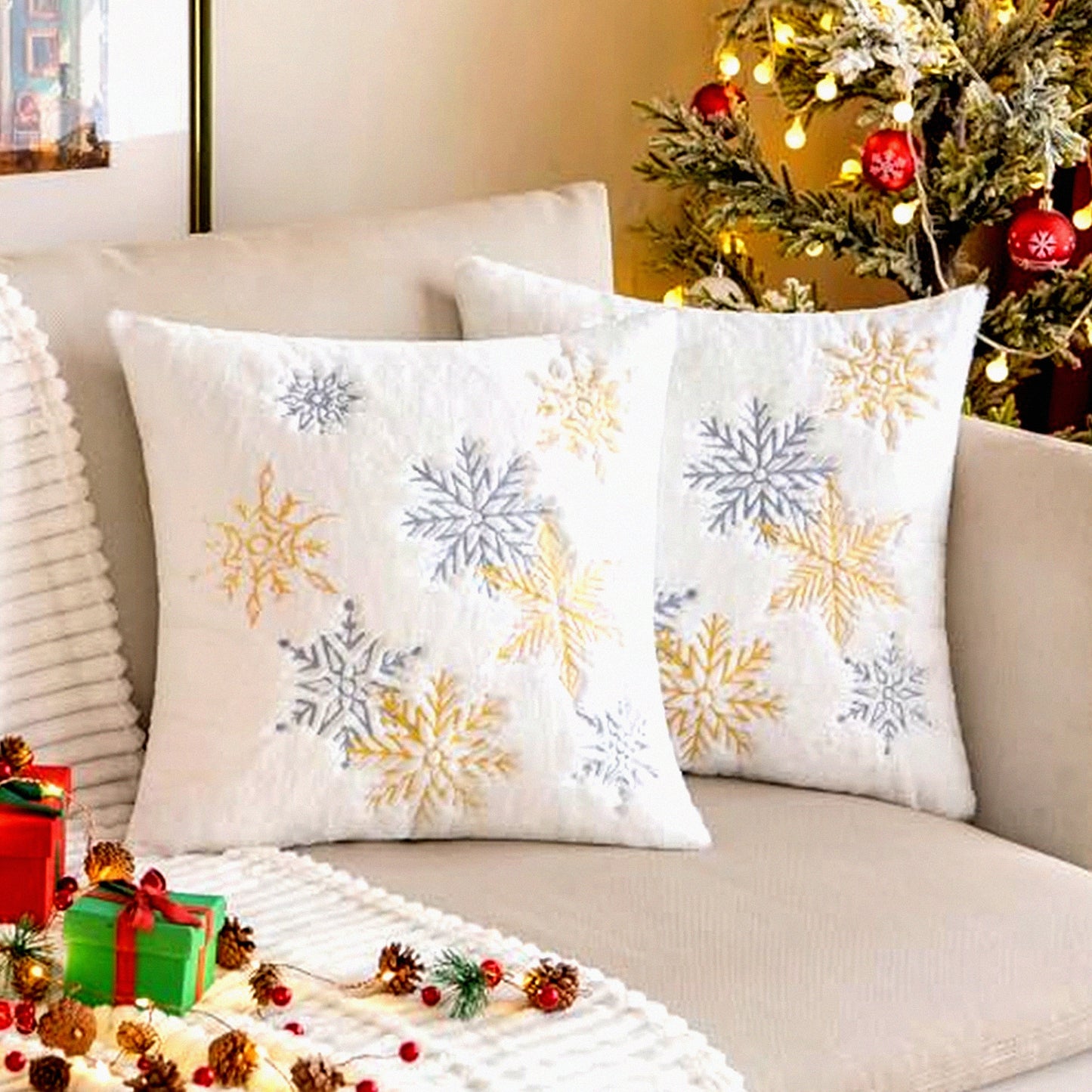 Snowflake Embroidered Pillowcase Set - Holiday Decorative Throw Pillow Covers for Couch Sofa Bedroom - Soft Yellow Pillow Cases - 20 x 20 Inch