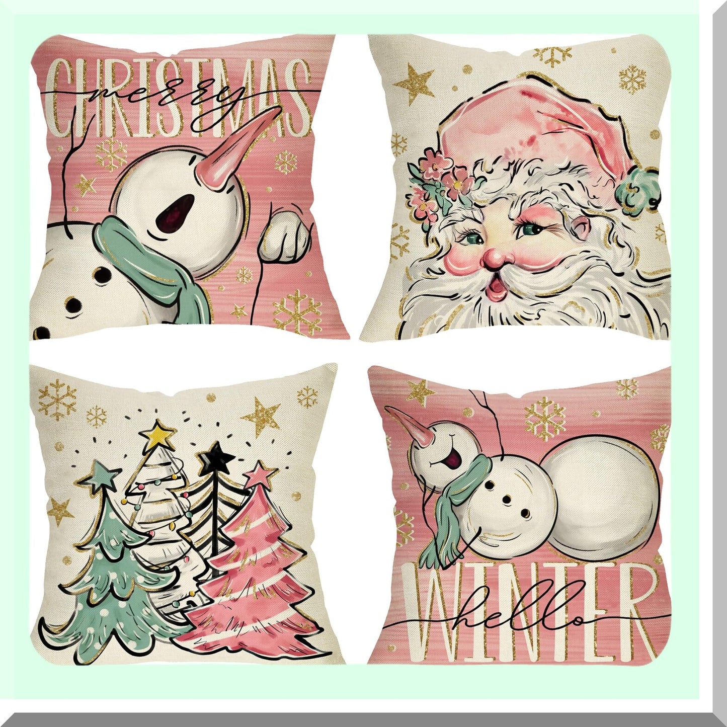 Winter Wonderland Holiday Pillow Cover Set - 18x18 Snowman Snowflake Decorative Cushion Case, Xmas Tree Pink Porch Outdoor Home Decor - Set of 4 Merry Claus Theme