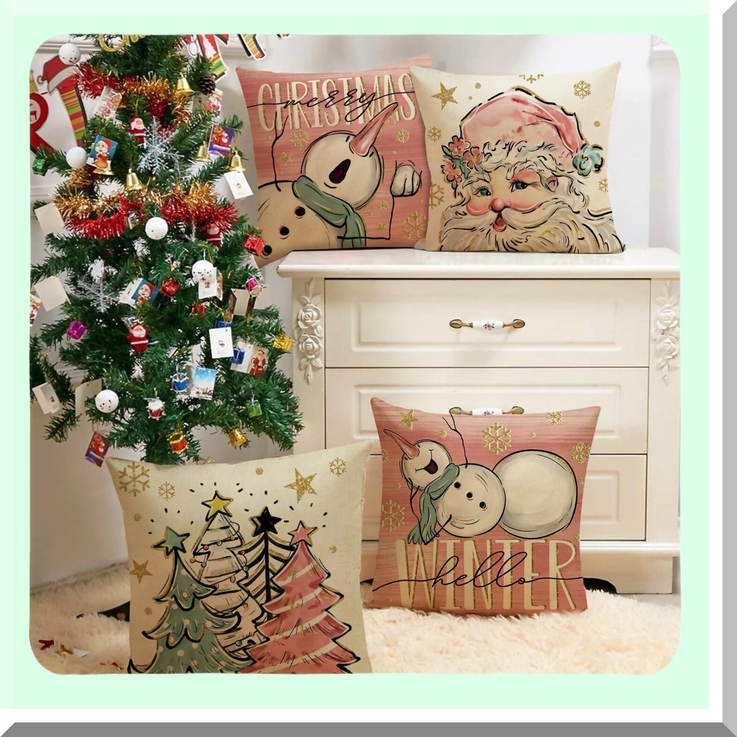 Winter Wonderland Holiday Pillow Cover Set - 18x18 Snowman Snowflake Decorative Cushion Case, Xmas Tree Pink Porch Outdoor Home Decor - Set of 4 Merry Claus Theme