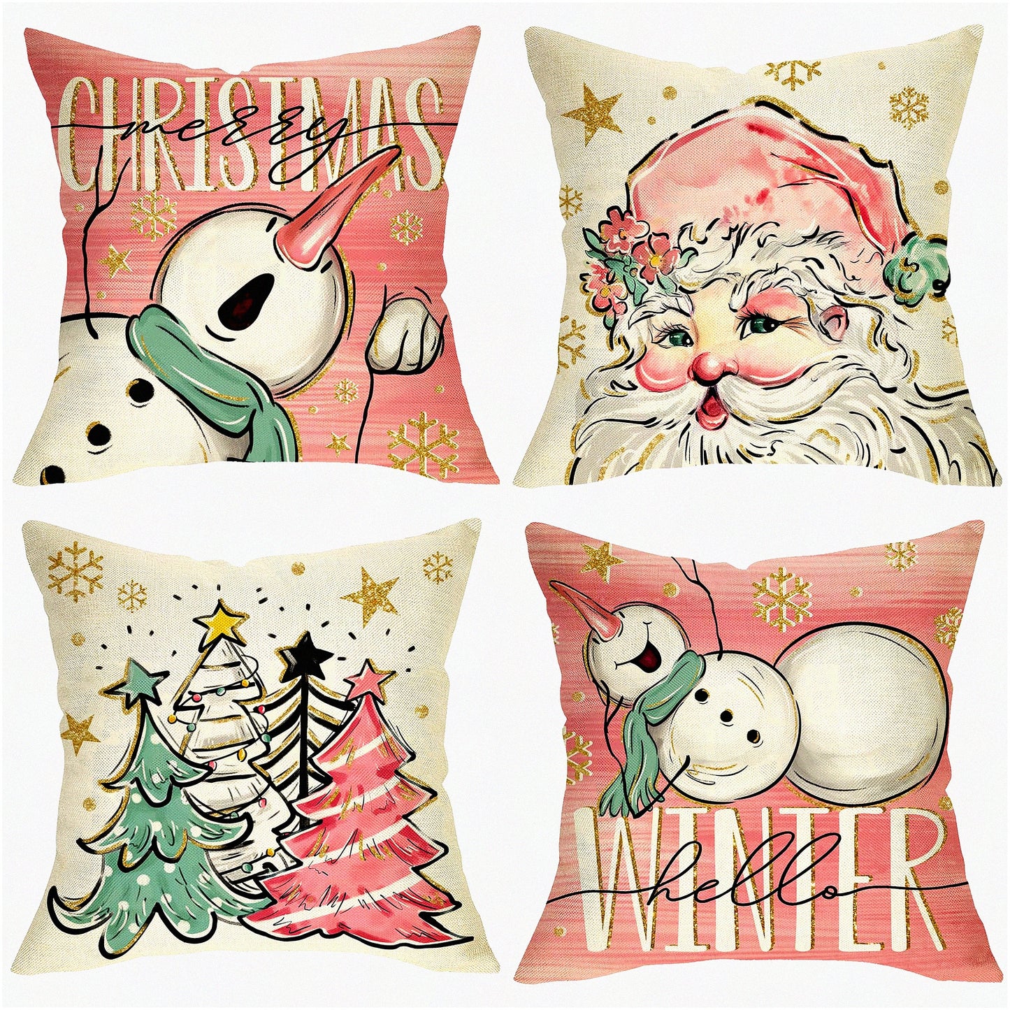 Winter Wonderland Holiday Pillow Cover Set - 18x18 Snowman Snowflake Decorative Cushion Case, Xmas Tree Pink Porch Outdoor Home Decor - Set of 4 Merry Claus Theme