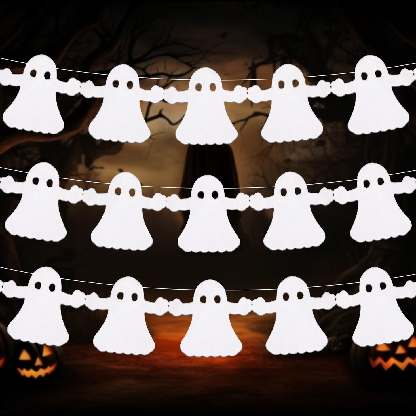Ghostly Specter Swag - 10ft White Ghost Banner Garland for Easy Party Decorations. Perfect for Indoor Ghostly Halloween Decor!