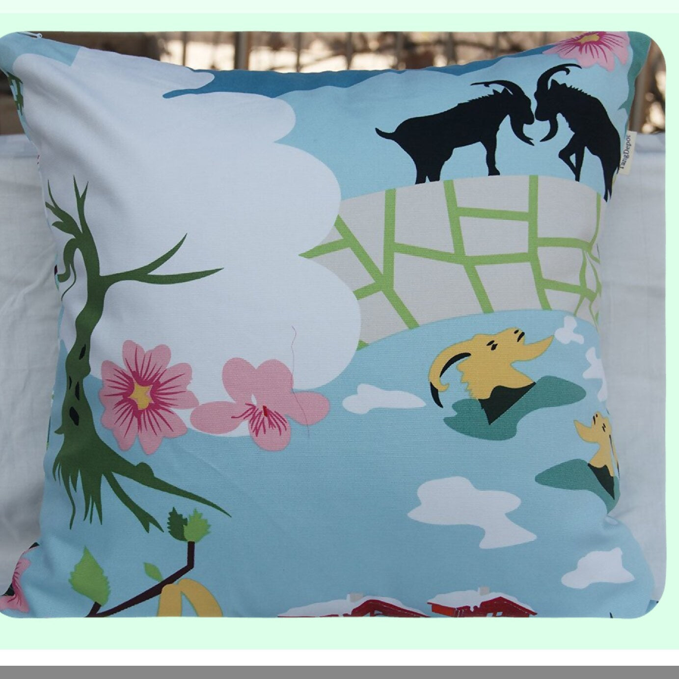 Floral Cotton Throw Pillow Covers - Set of 2 Decorative Cushion Covers with Flower Print, 20"x20", Tree and House Design - S42 Collection