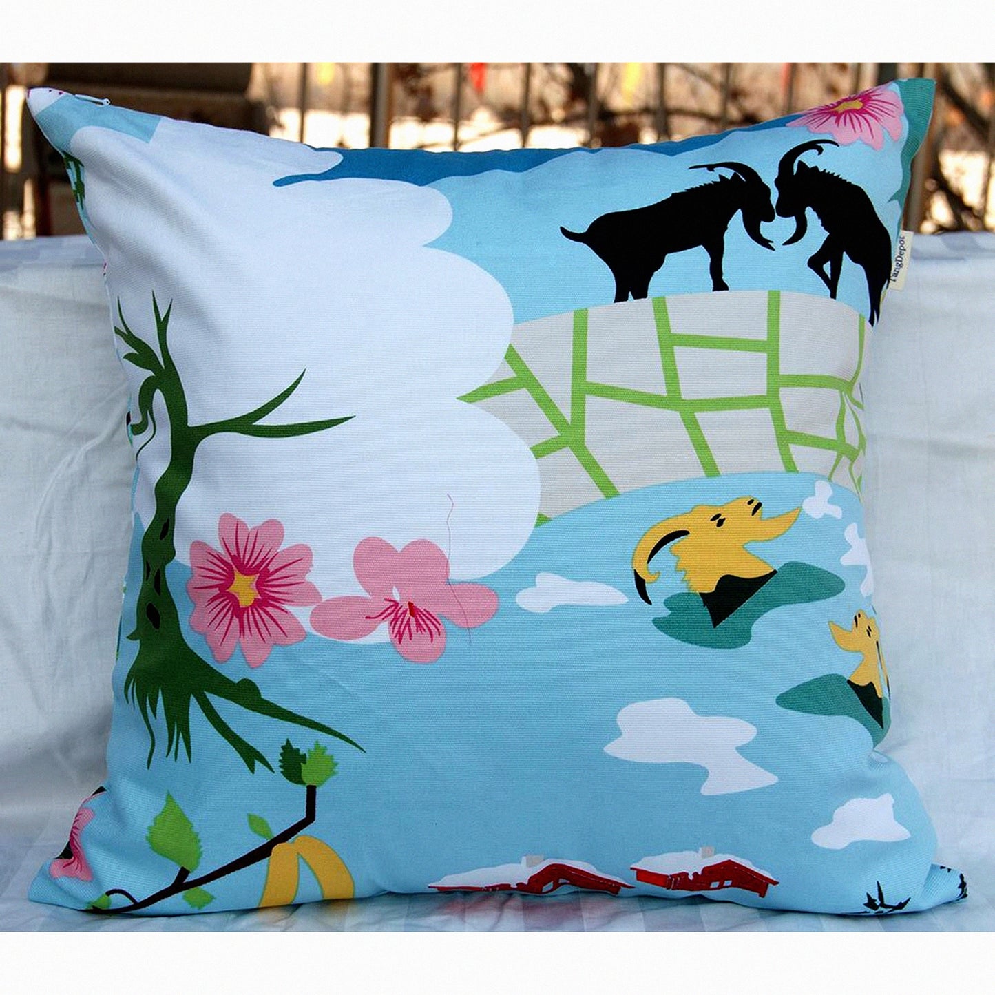 Floral Cotton Throw Pillow Covers - Set of 2 Decorative Cushion Covers with Flower Print, 20"x20", Tree and House Design - S42 Collection