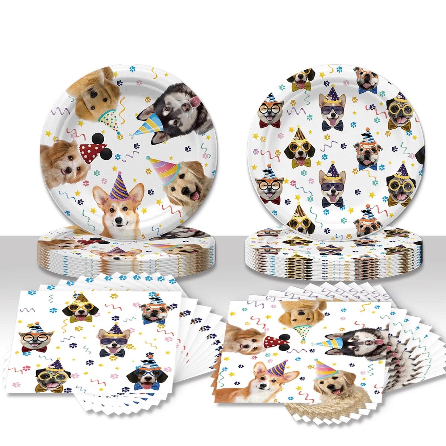 Pawfect Party Pack - Dog Birthday Tableware Set with 20 Plates and 20 Napkins, Puppy Paw Print Decorations for 20 Guests