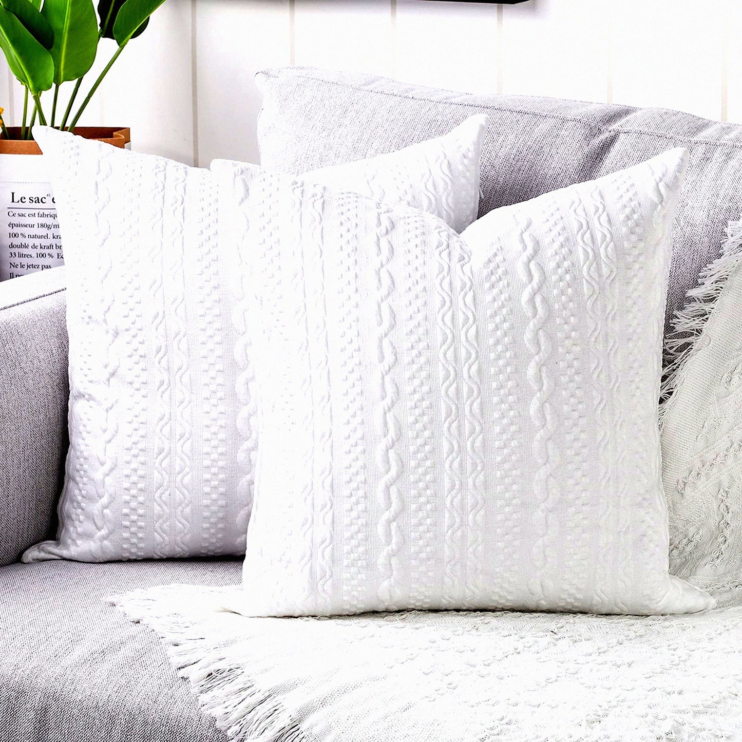 SuperSoft Square Pillowcase Set - Modern Embossed Patterned Cushion Covers for Couch, Sofa, Bedroom, Car - Pack of 2, 26x26 inch, White