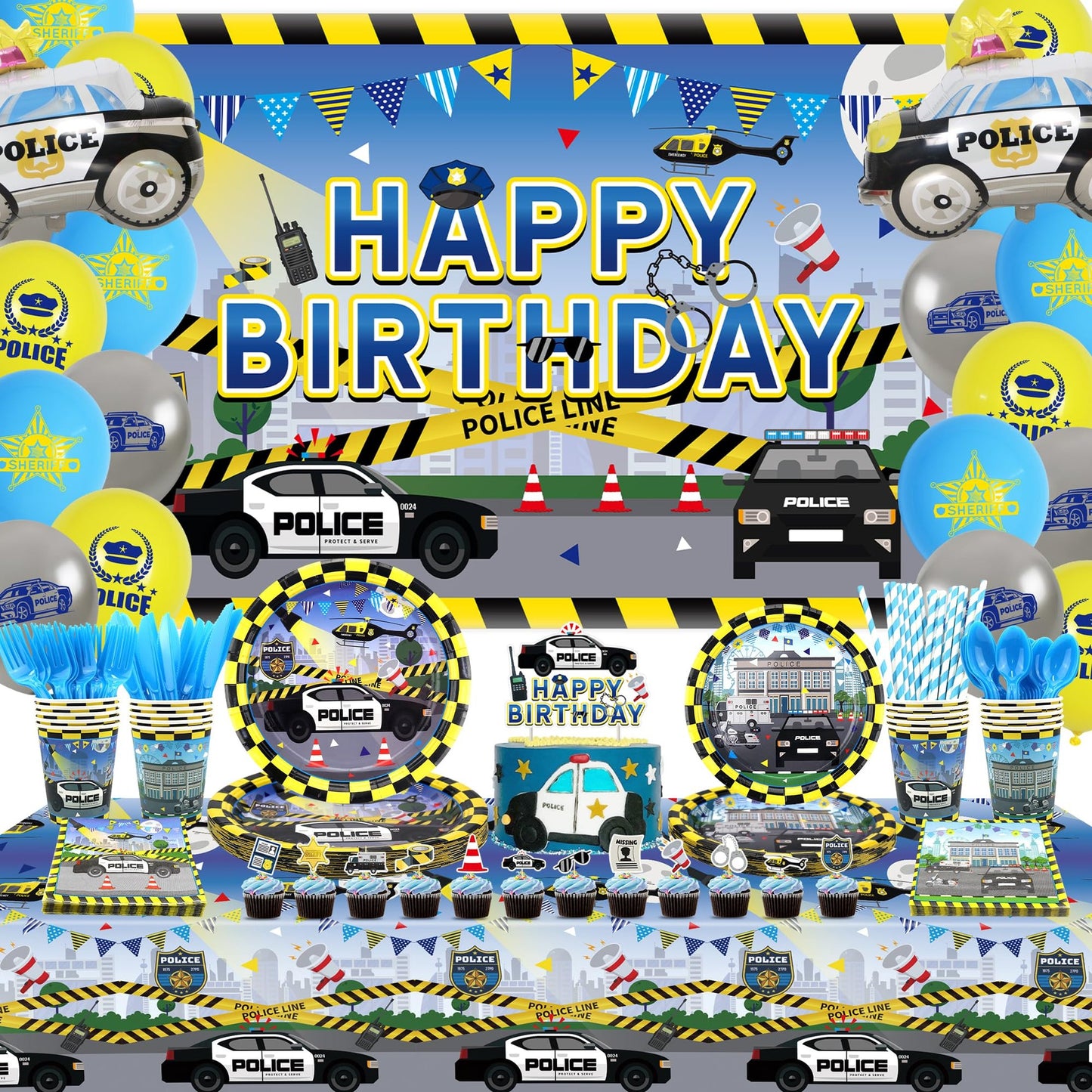 Police Party Pack - Complete Birthday Decor Set with Backdrop, Plates, Cups, Napkins, Tablecloth, Balloons - Serves 20 Kids - Theme Tableware Supplies