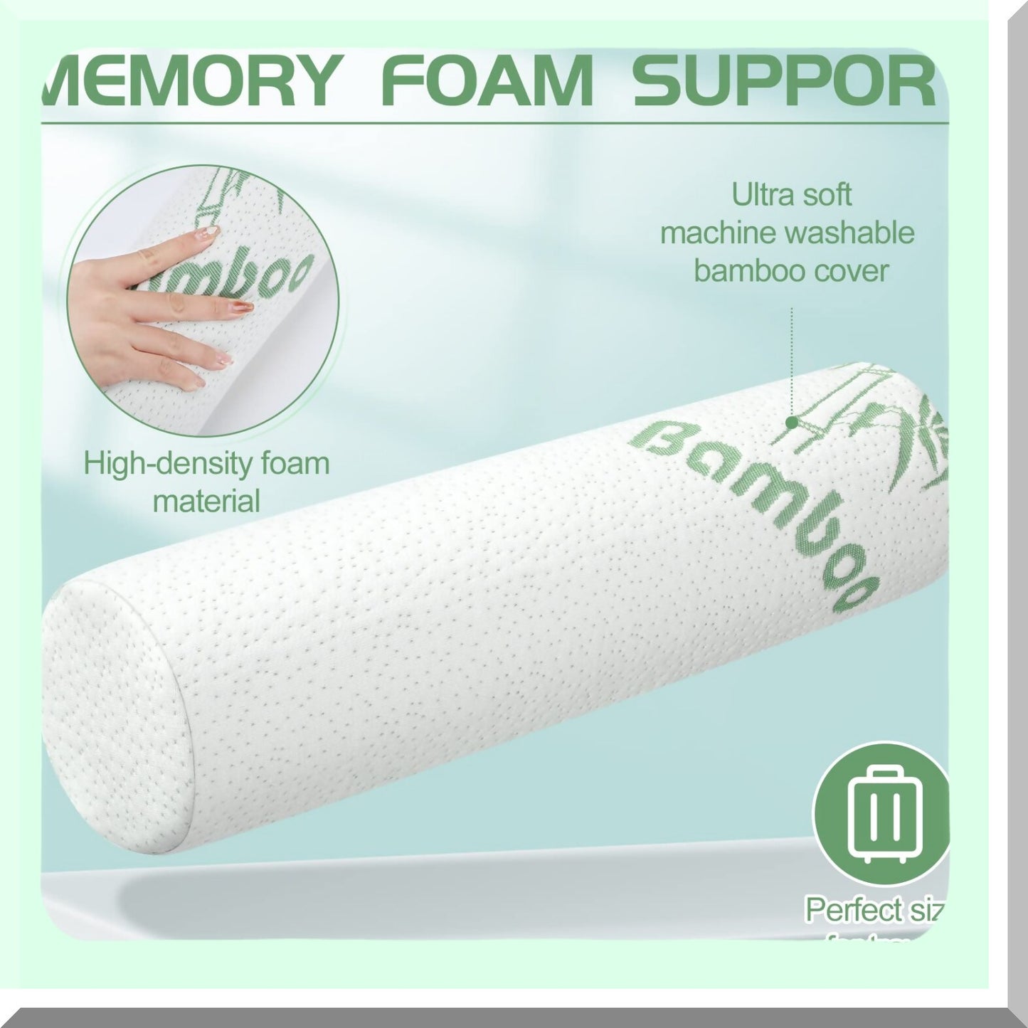 Bamboo Memory Foam Neck Roll Bolster Pillow - Supportive Cylinder Pillow for Sleeping, Travel, Yoga - Removable Washable Cover - 18 x 4 Inches