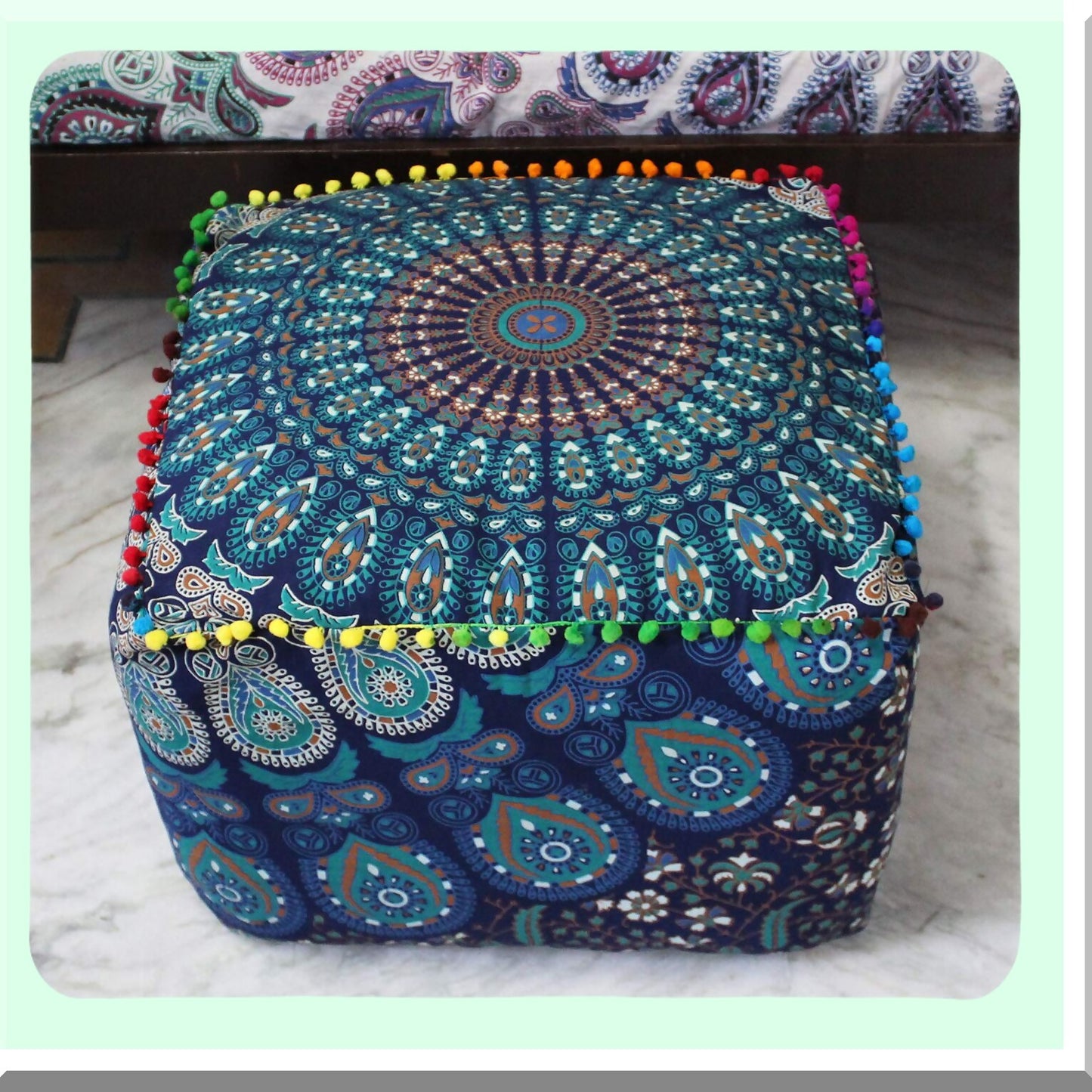 Boho Bliss Meditation Floor Cushion - Square Pillow Seating for Adults, Outdoor Living Room Throw Ottoman Poufs Cover 20X20X14 inches - Blue Sky Zen