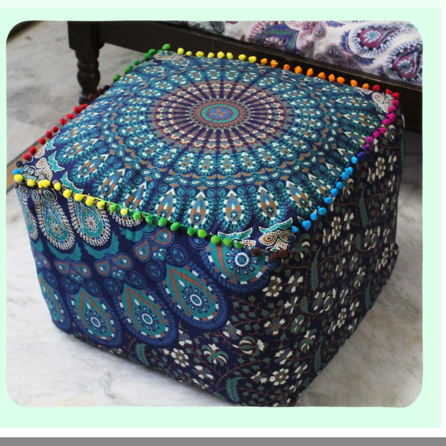 Boho Bliss Meditation Floor Cushion - Square Pillow Seating for Adults, Outdoor Living Room Throw Ottoman Poufs Cover 20X20X14 inches - Blue Sky Zen