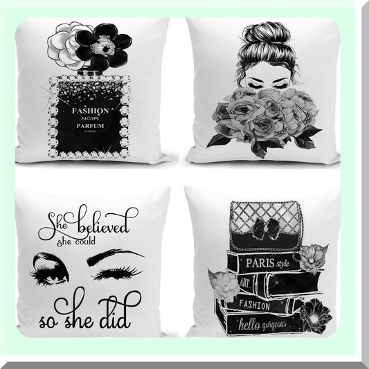Bling Perfume Lashes Pillow Covers - Set of 4 Fashion Girls High Heels Sayings Gray Flowers Decorative Throw Pillow Covers - Black White Accent