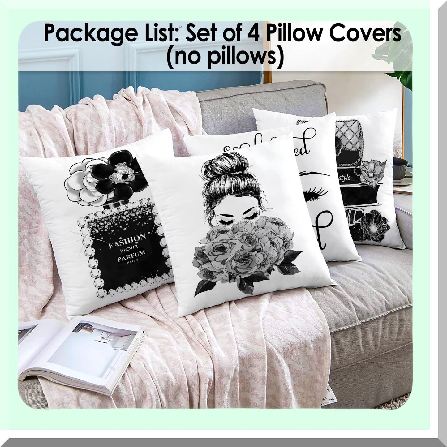 Bling Perfume Lashes Pillow Covers - Set of 4 Fashion Girls High Heels Sayings Gray Flowers Decorative Throw Pillow Covers - Black White Accent