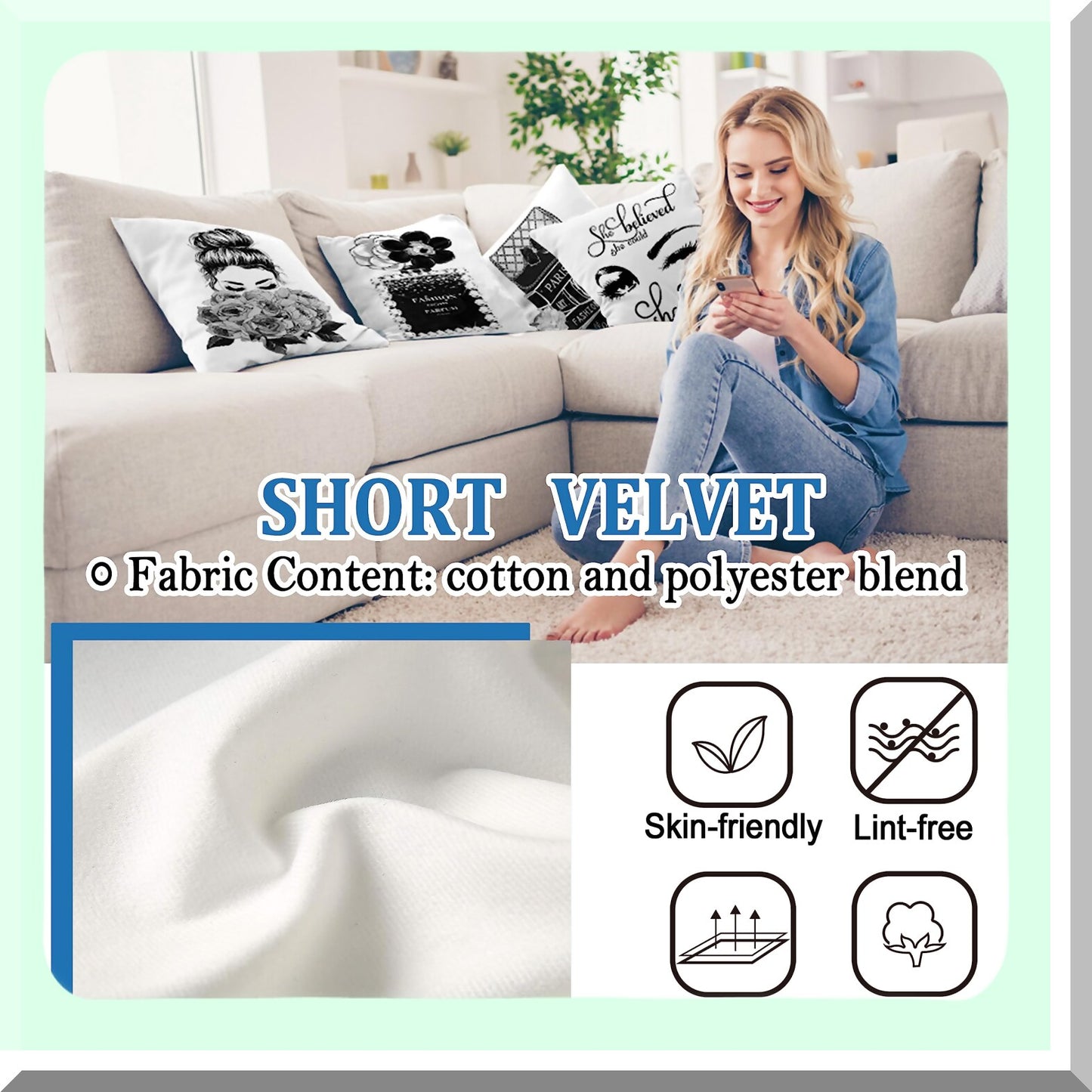 Bling Perfume Lashes Pillow Covers - Set of 4 Fashion Girls High Heels Sayings Gray Flowers Decorative Throw Pillow Covers - Black White Accent