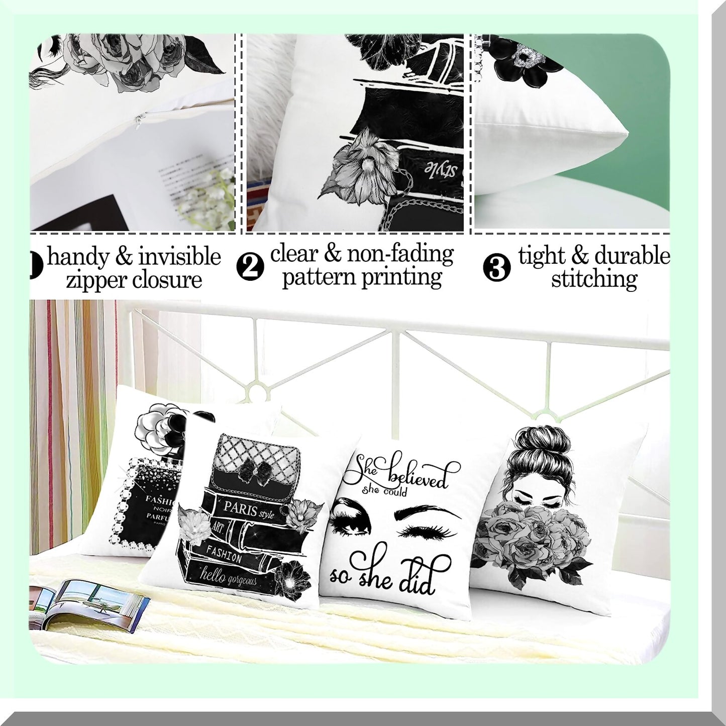 Bling Perfume Lashes Pillow Covers - Set of 4 Fashion Girls High Heels Sayings Gray Flowers Decorative Throw Pillow Covers - Black White Accent