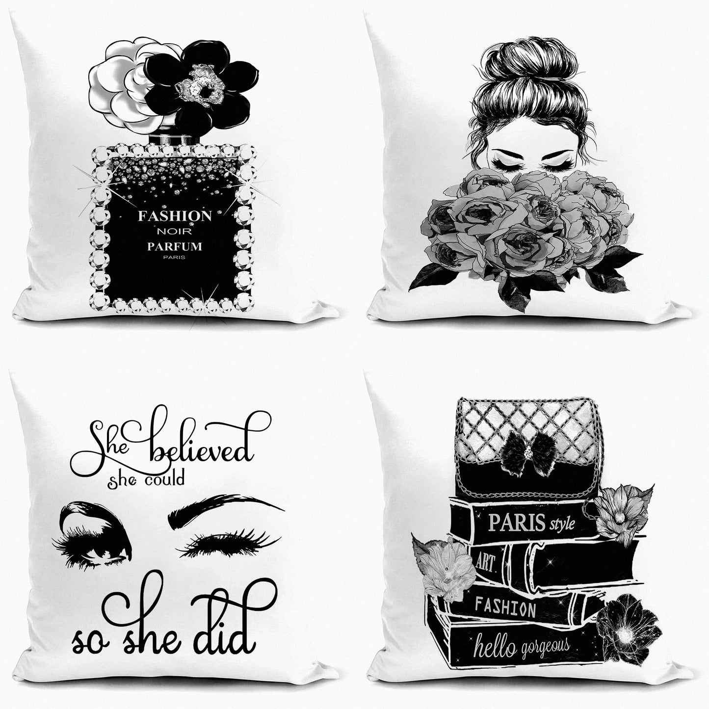 Bling Perfume Lashes Pillow Covers - Set of 4 Fashion Girls High Heels Sayings Gray Flowers Decorative Throw Pillow Covers - Black White Accent
