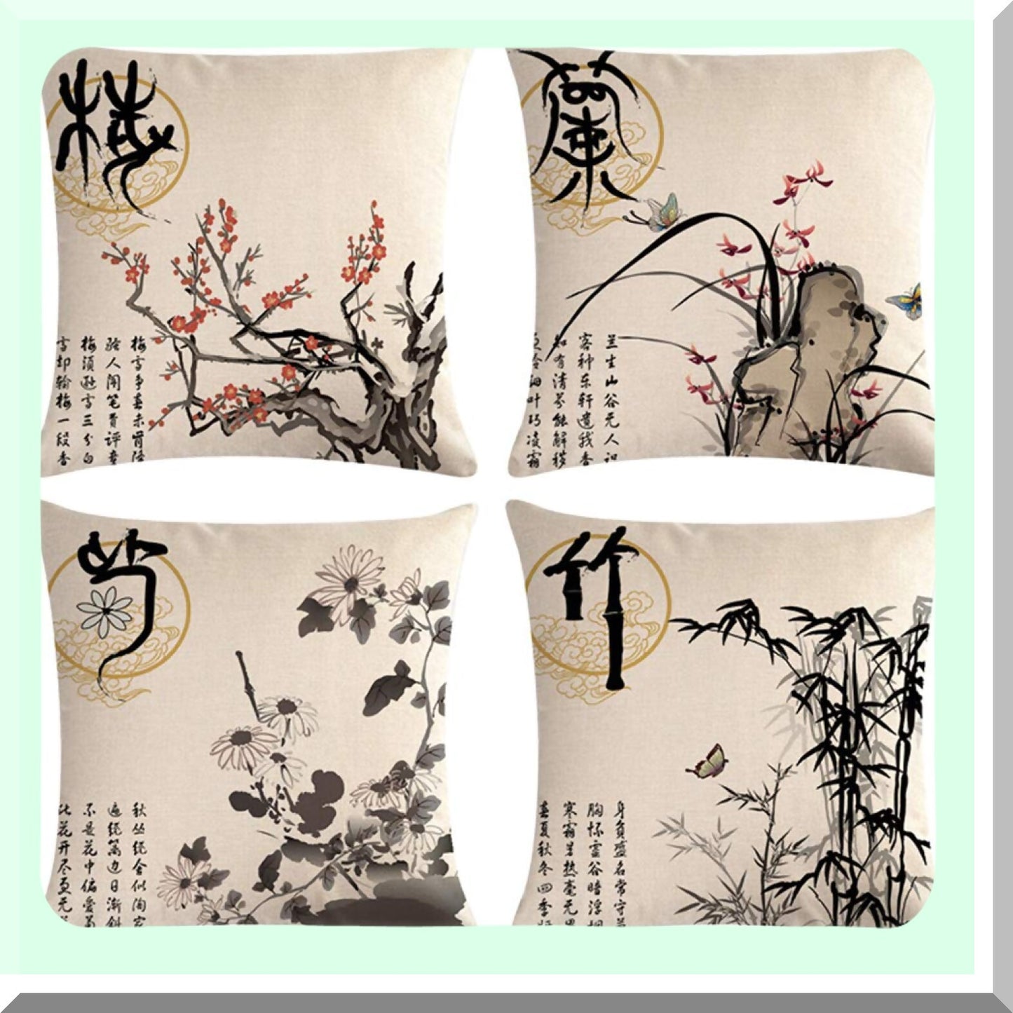 Chinese Culture Floral Pillow Cover Set - Plum Blossom Chrysanthemum Orchid Bamboo Ink Wash Painting Cushion Covers with Calligraphy - 18x18 inches, 4 Pack