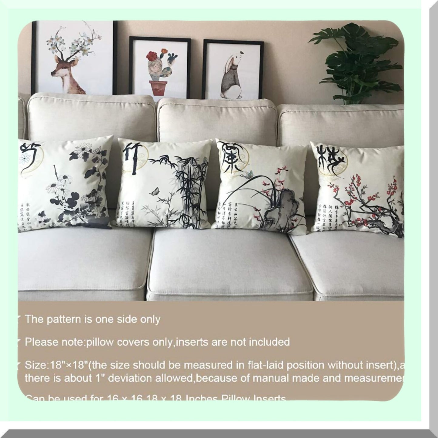 Chinese Culture Floral Pillow Cover Set - Plum Blossom Chrysanthemum Orchid Bamboo Ink Wash Painting Cushion Covers with Calligraphy - 18x18 inches, 4 Pack